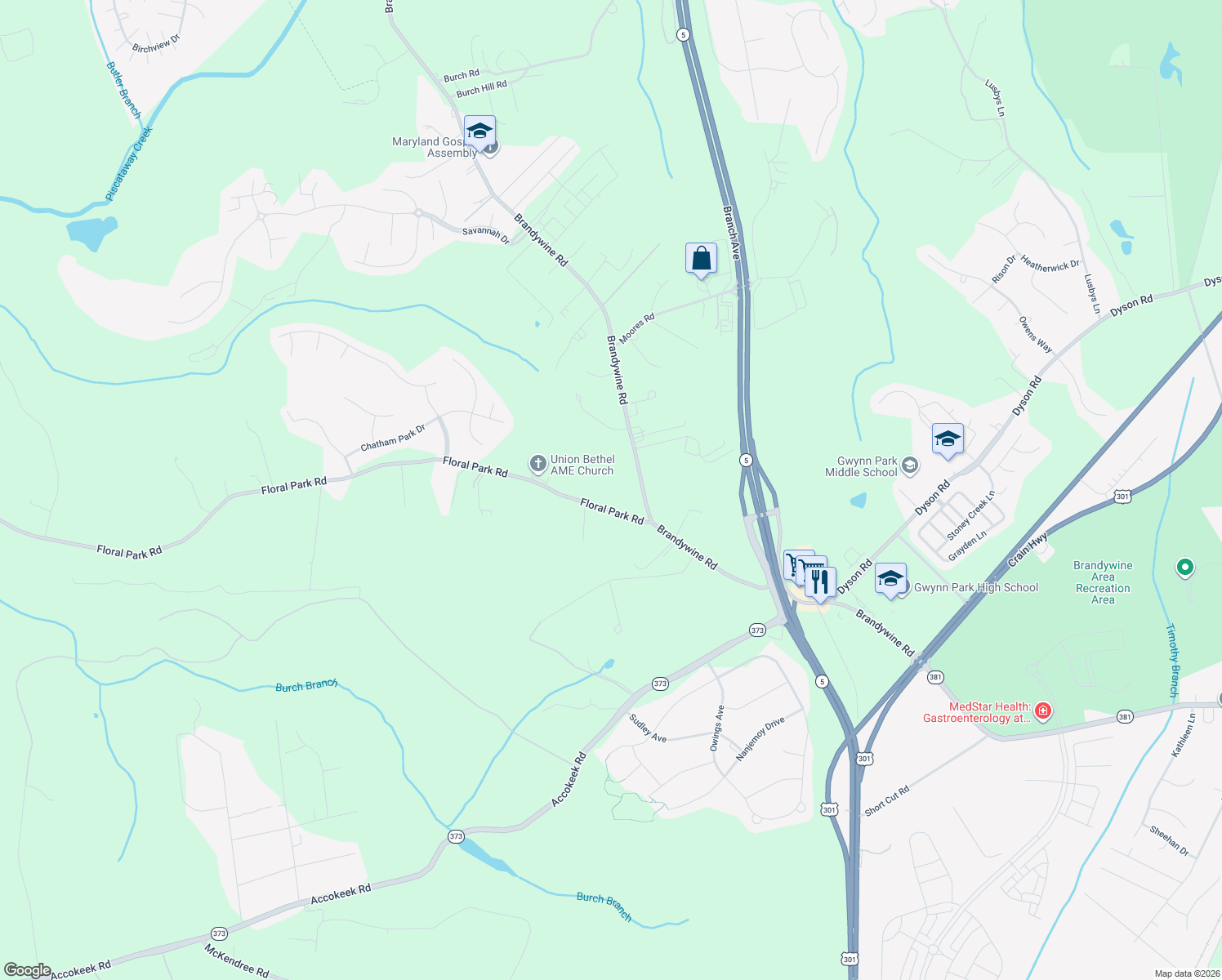 map of restaurants, bars, coffee shops, grocery stores, and more near 13325 Brandywine Road in Brandywine