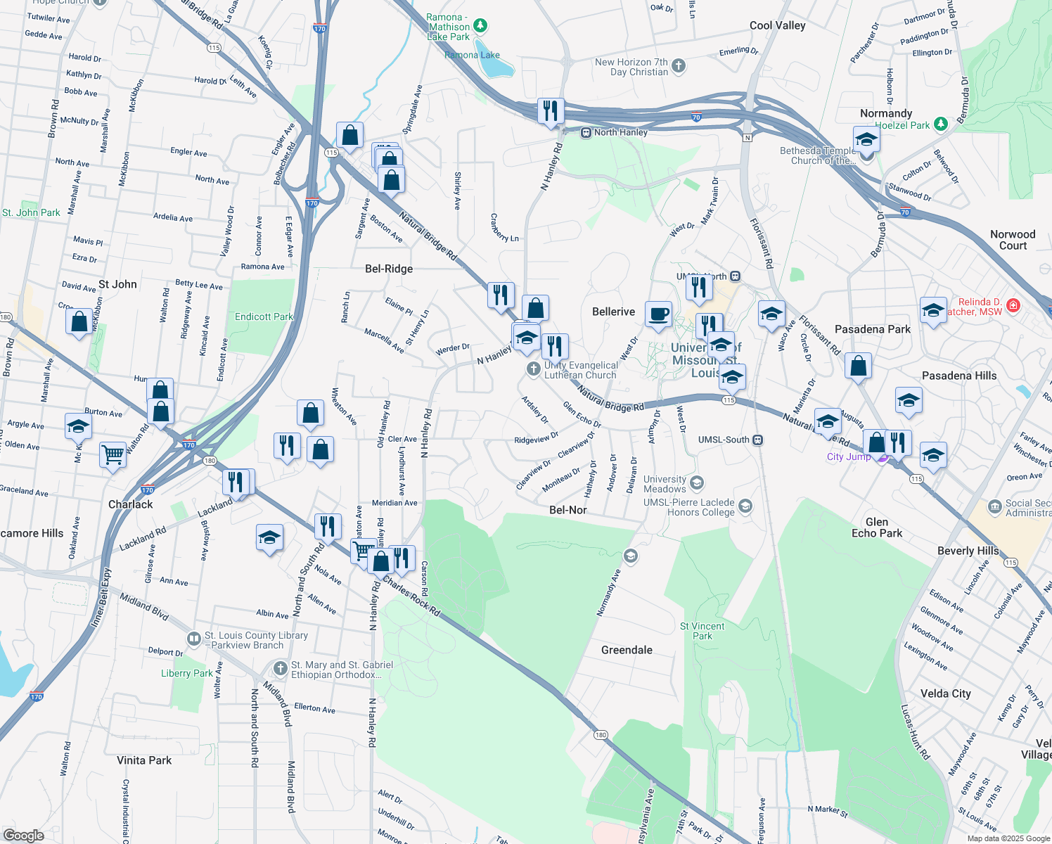 map of restaurants, bars, coffee shops, grocery stores, and more near 8435 Roanoke Drive in St. Louis