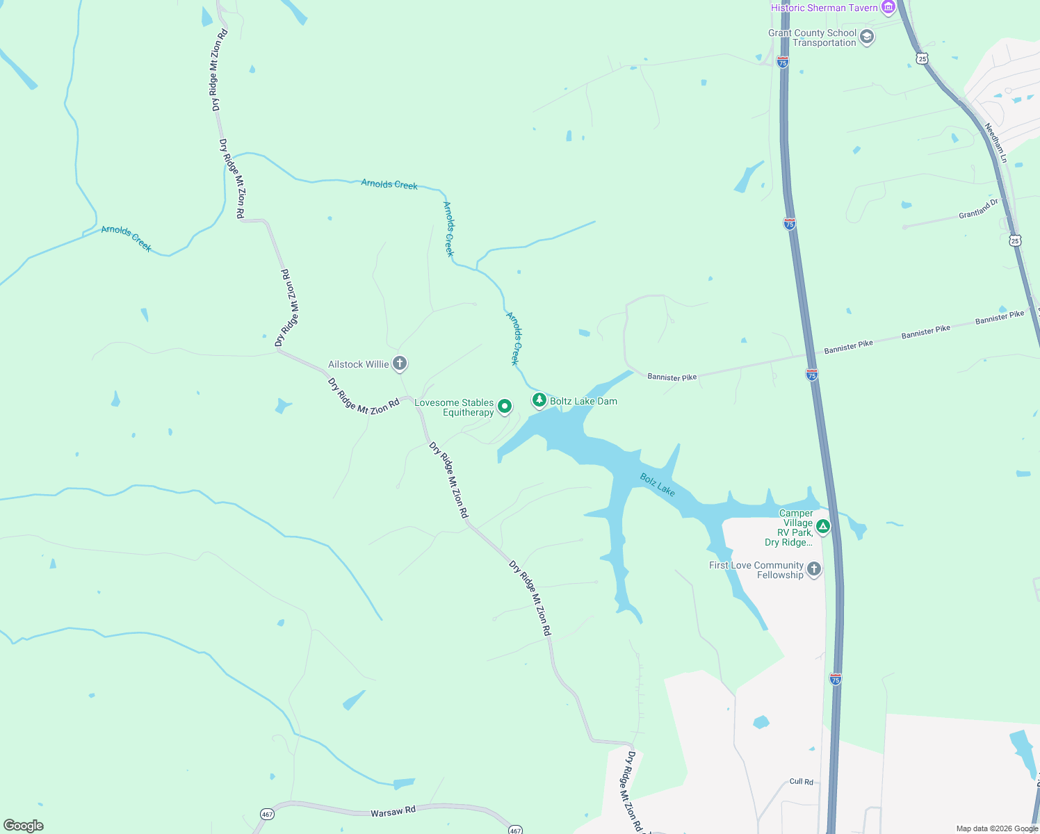 map of restaurants, bars, coffee shops, grocery stores, and more near 213-307 Boltz Lake Road in Dry Ridge