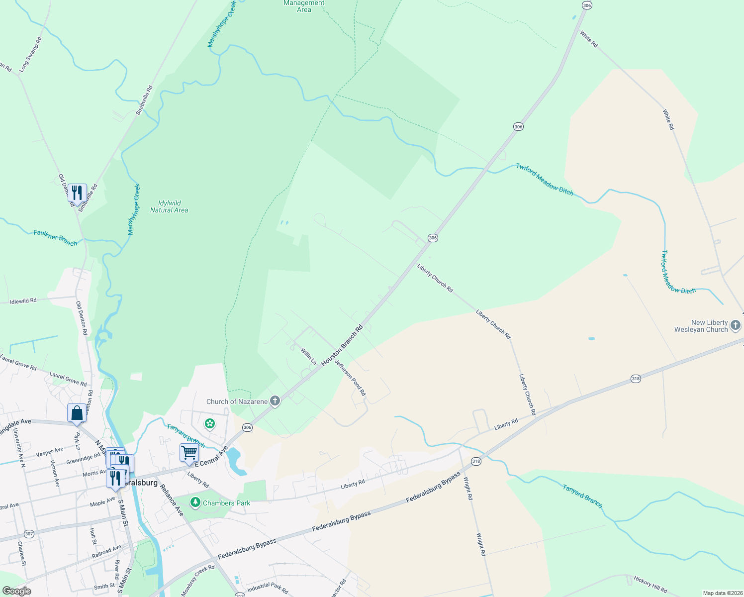 map of restaurants, bars, coffee shops, grocery stores, and more near 3630 Houston Branch Road in Federalsburg
