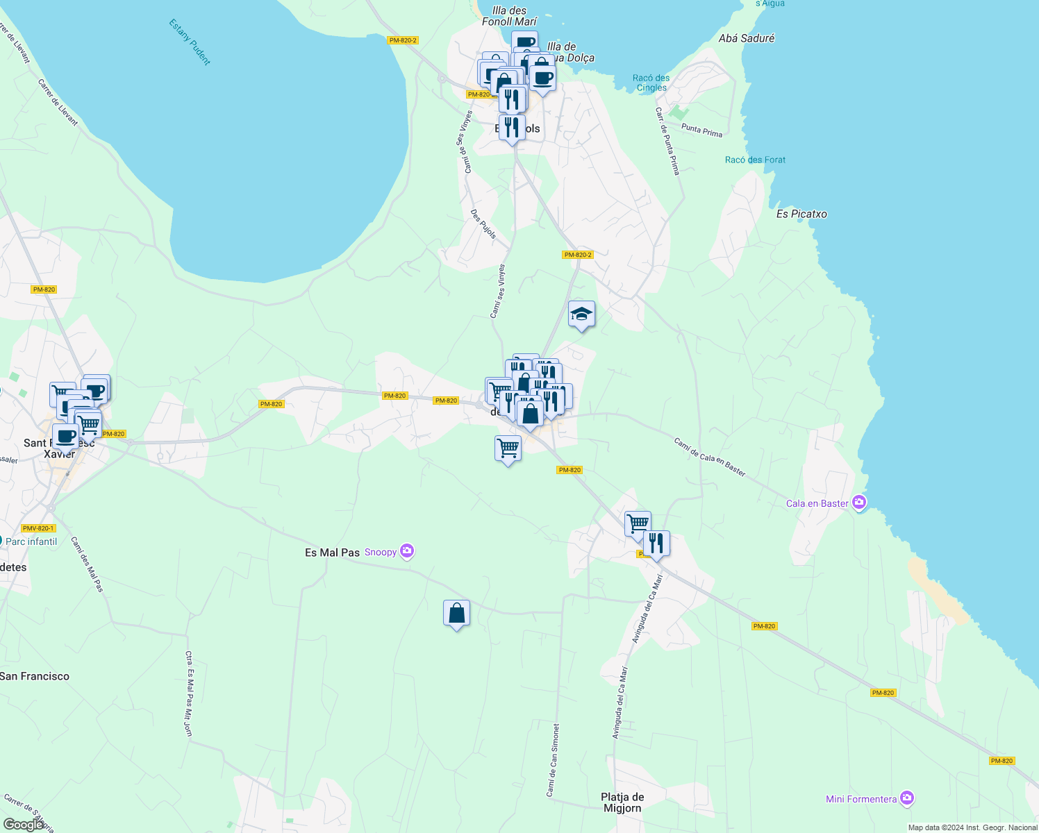 map of restaurants, bars, coffee shops, grocery stores, and more near 15 Carrer Guillem de Montgrí in Sant Ferran de ses Roques