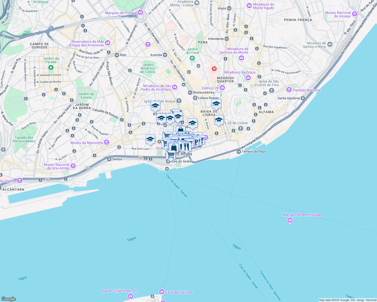 map of restaurants, bars, coffee shops, grocery stores, and more near 28 Largo do Corpo Santo in Lisboa