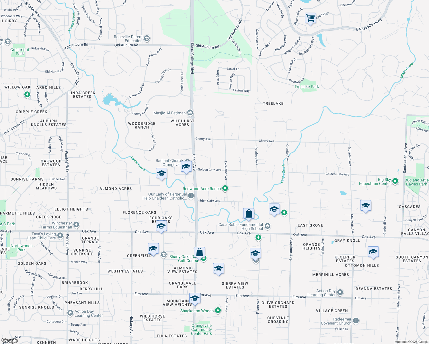 map of restaurants, bars, coffee shops, grocery stores, and more near 8950 Golden Gate Avenue in Orangevale