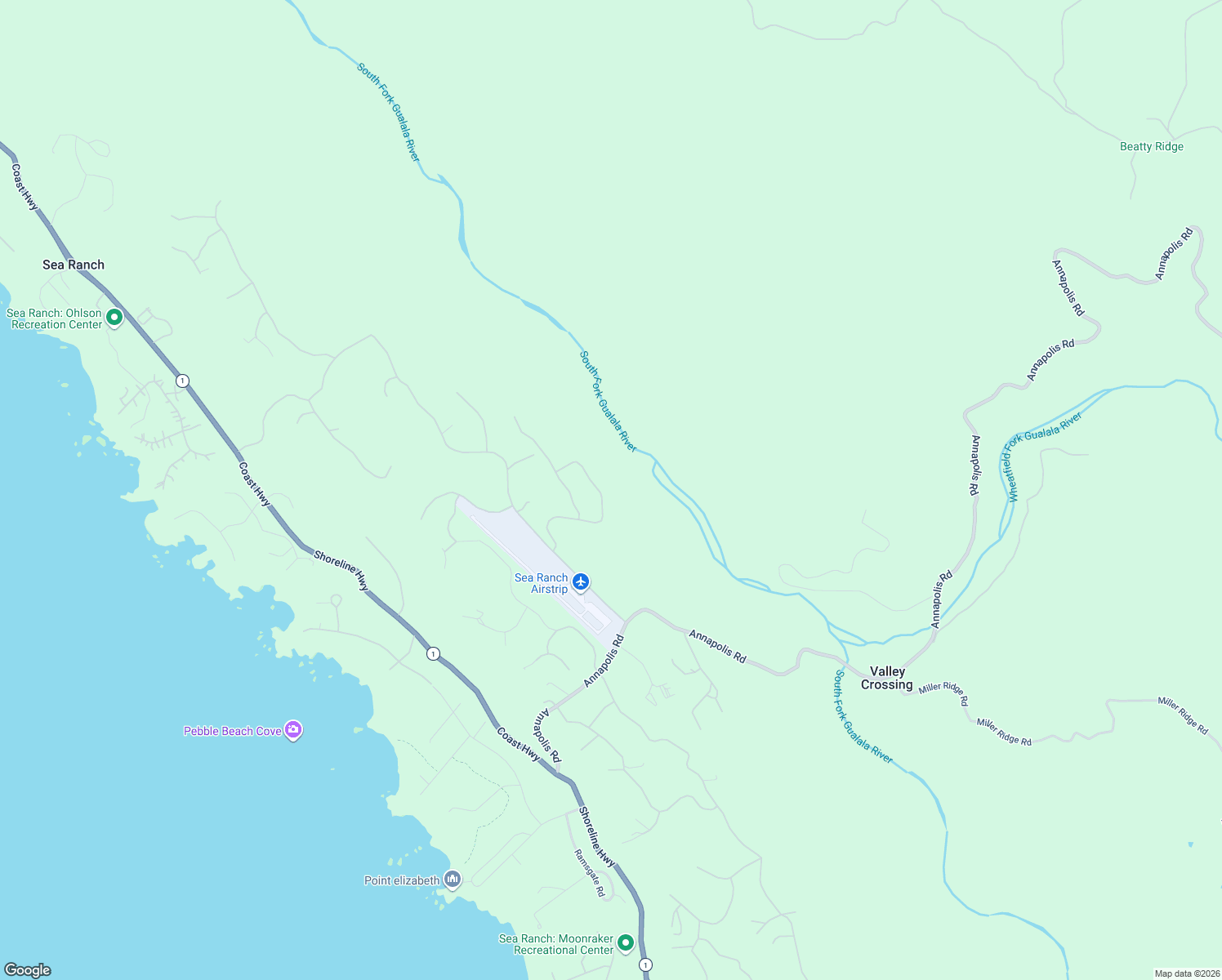 map of restaurants, bars, coffee shops, grocery stores, and more near 1101 River Beach Road in Sea Ranch