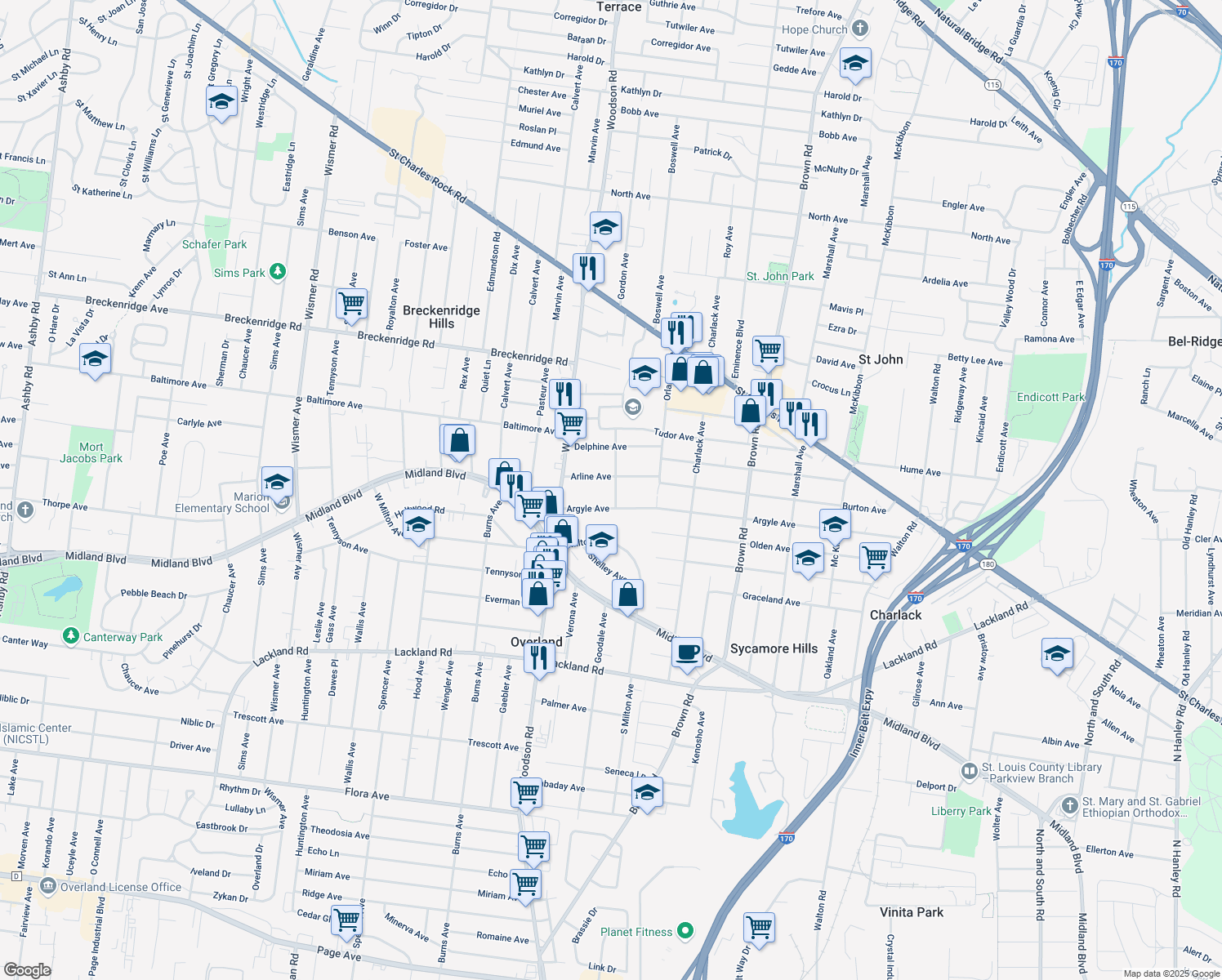 map of restaurants, bars, coffee shops, grocery stores, and more near 2711 Stella Avenue in Overland