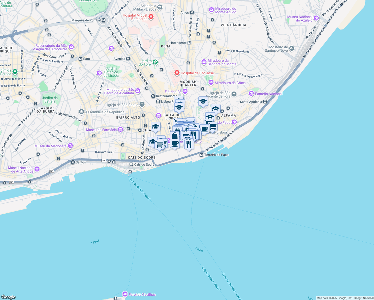 map of restaurants, bars, coffee shops, grocery stores, and more near in Lisboa