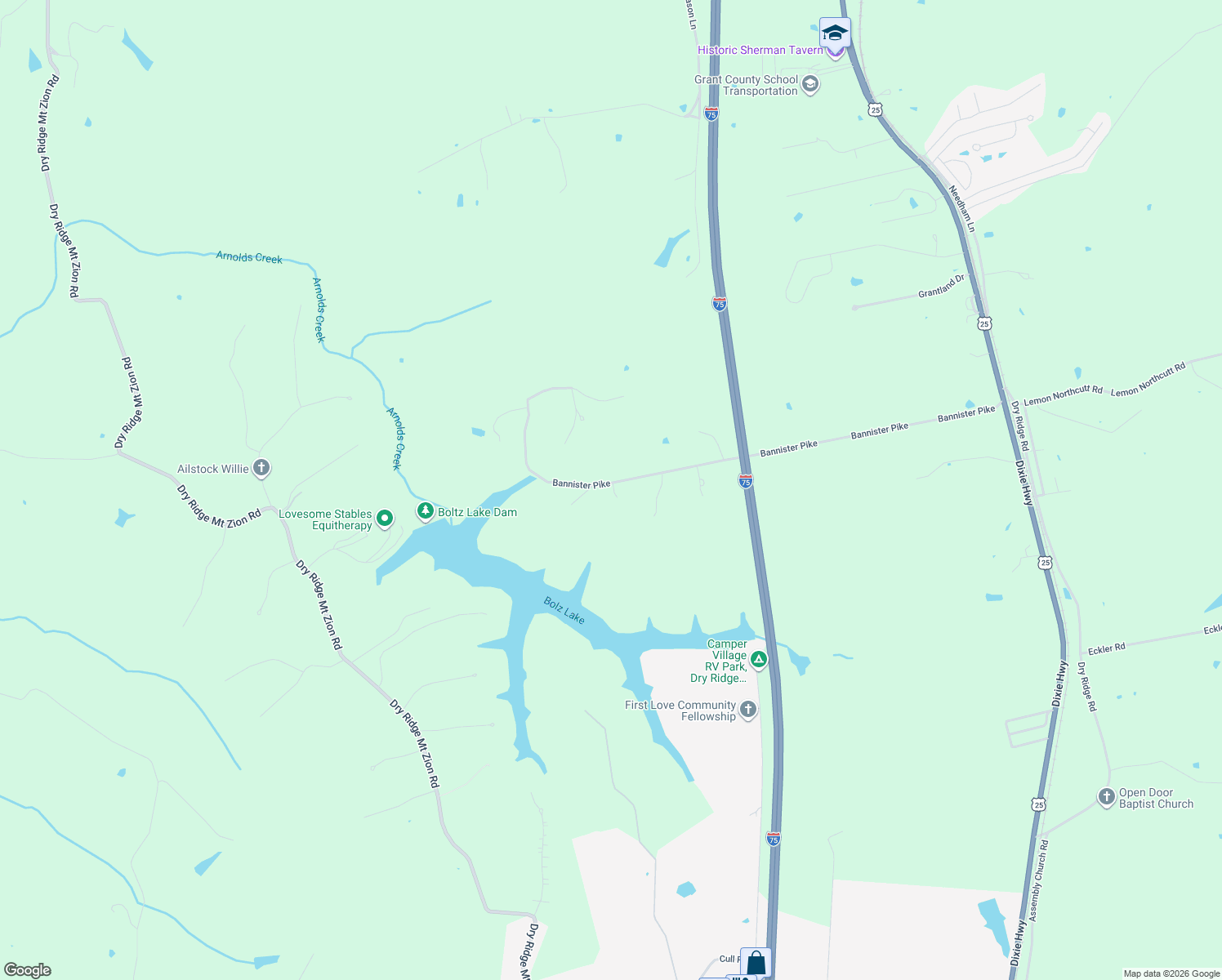 map of restaurants, bars, coffee shops, grocery stores, and more near 1140 Bannister Pike in Dry Ridge