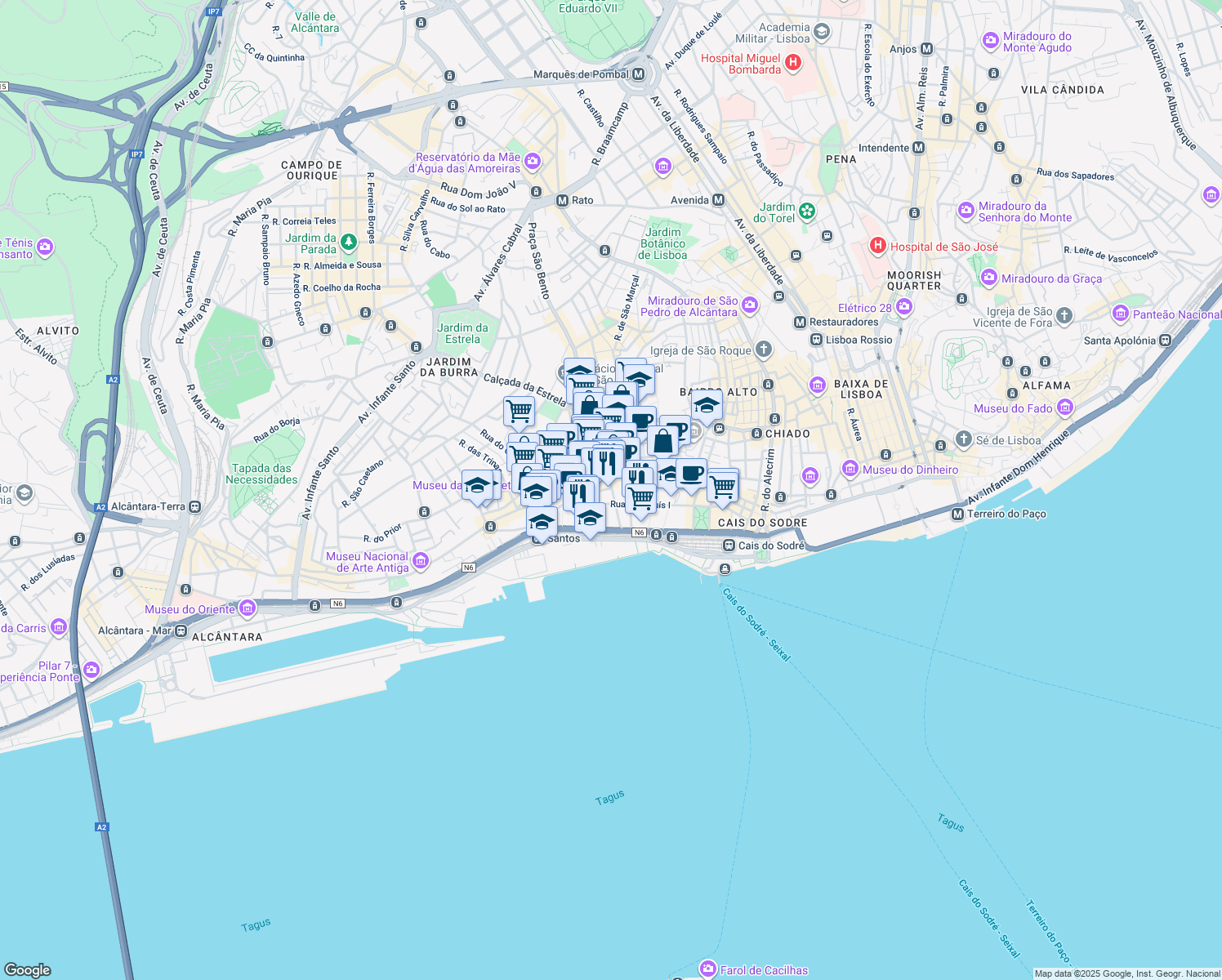 map of restaurants, bars, coffee shops, grocery stores, and more near 1 Rua Cais do Tojo in Lisboa