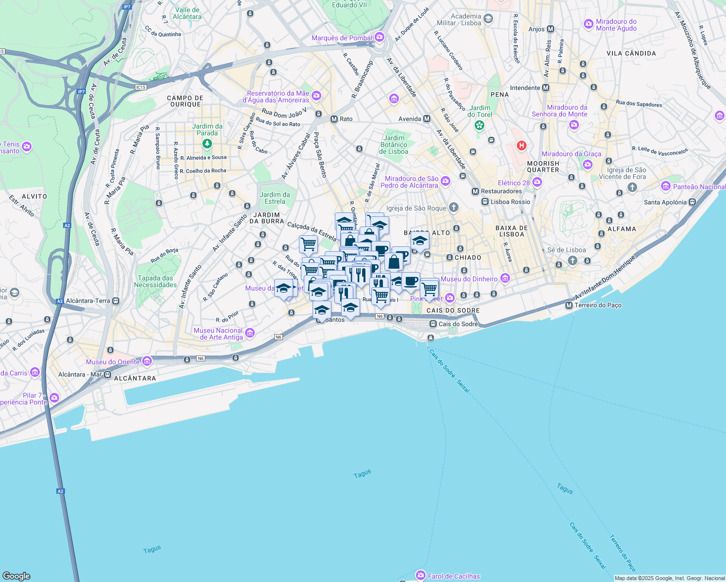 map of restaurants, bars, coffee shops, grocery stores, and more near 1 Rua Cais do Tojo in Lisboa