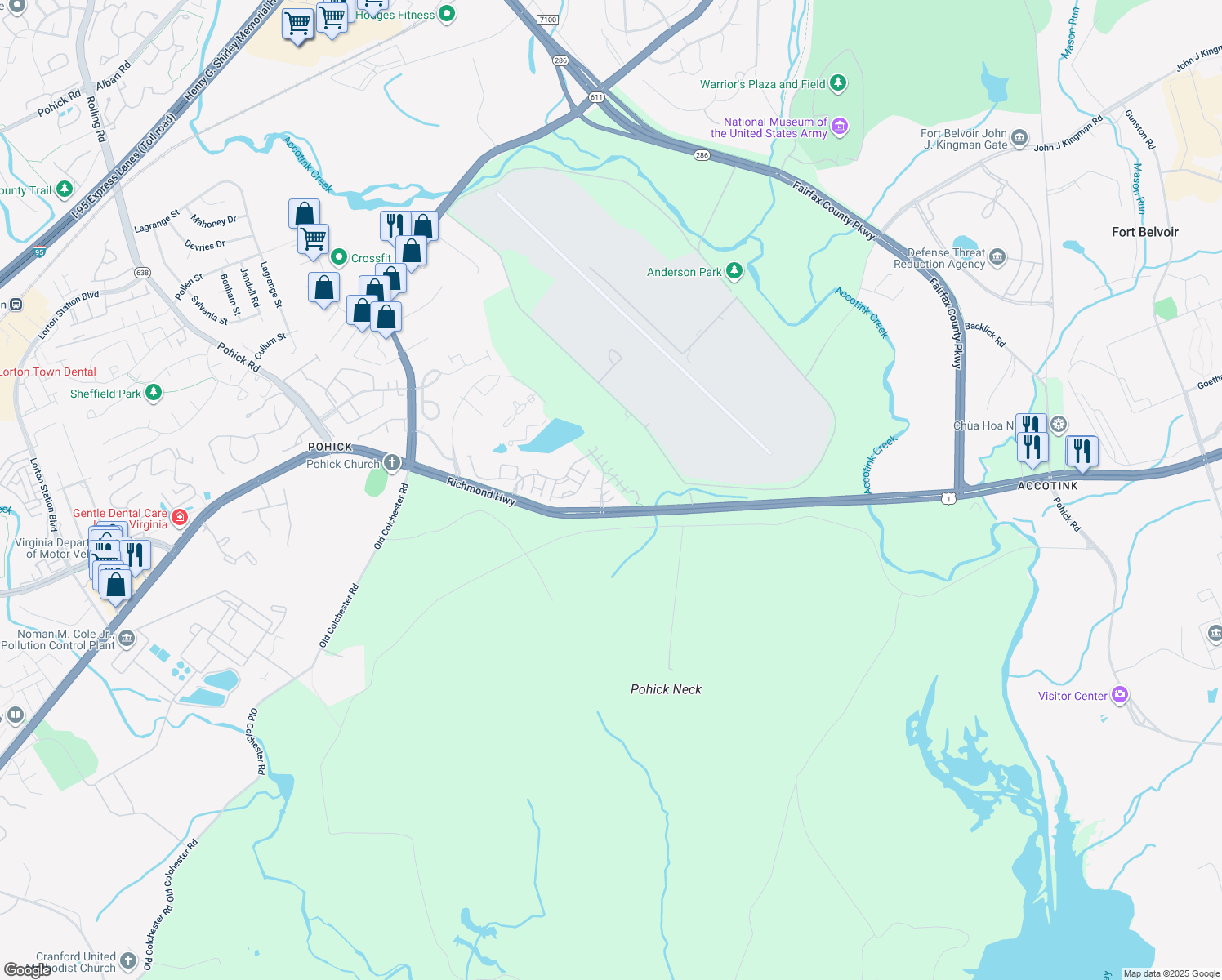 map of restaurants, bars, coffee shops, grocery stores, and more near 7011 Lawnwood Court in Fort Belvoir