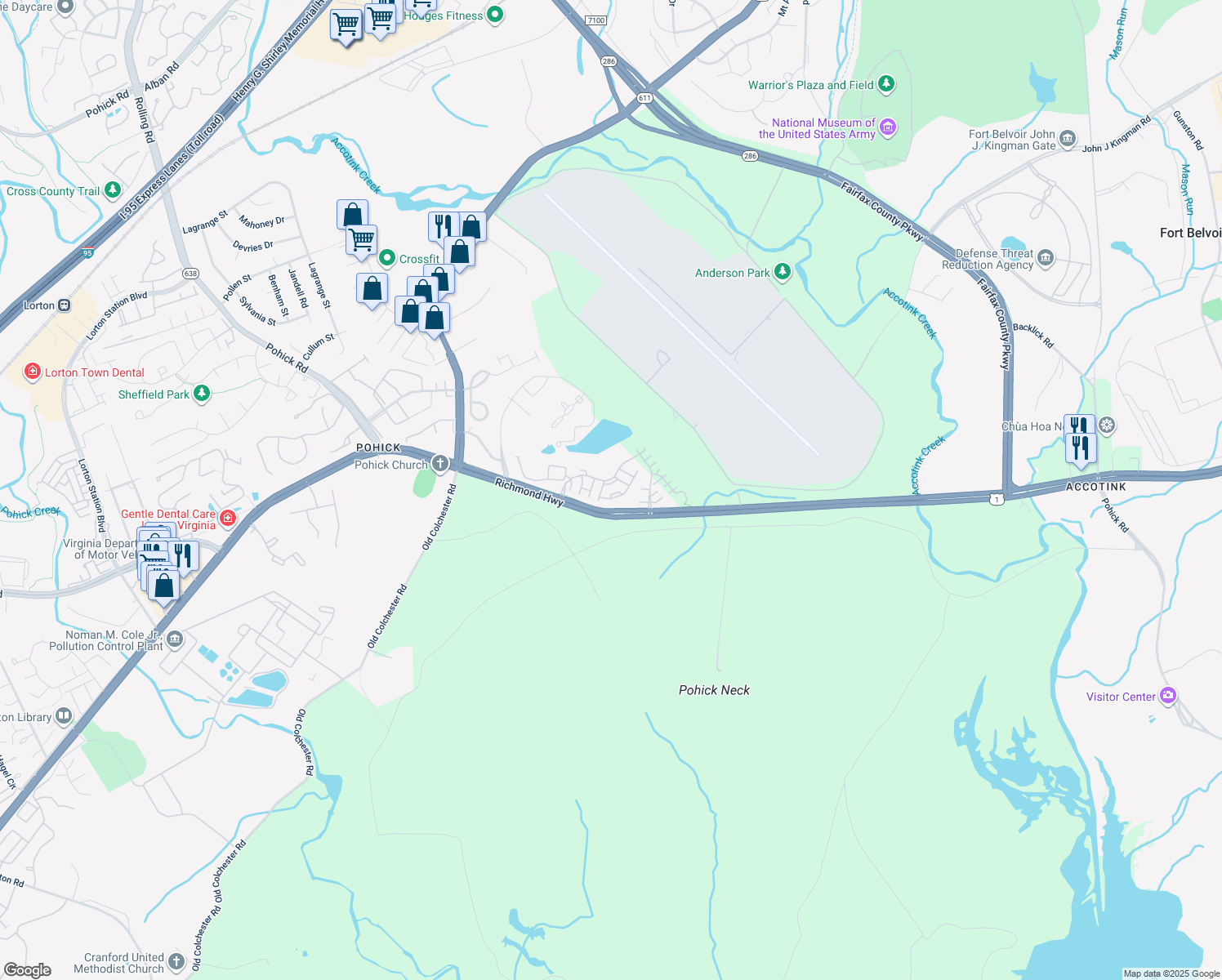 map of restaurants, bars, coffee shops, grocery stores, and more near 7020 Stone Inlet Drive in Fort Belvoir