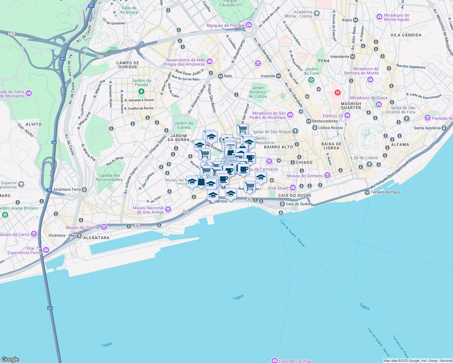 map of restaurants, bars, coffee shops, grocery stores, and more near 55 Avenida Dom Carlos i in Lisbon