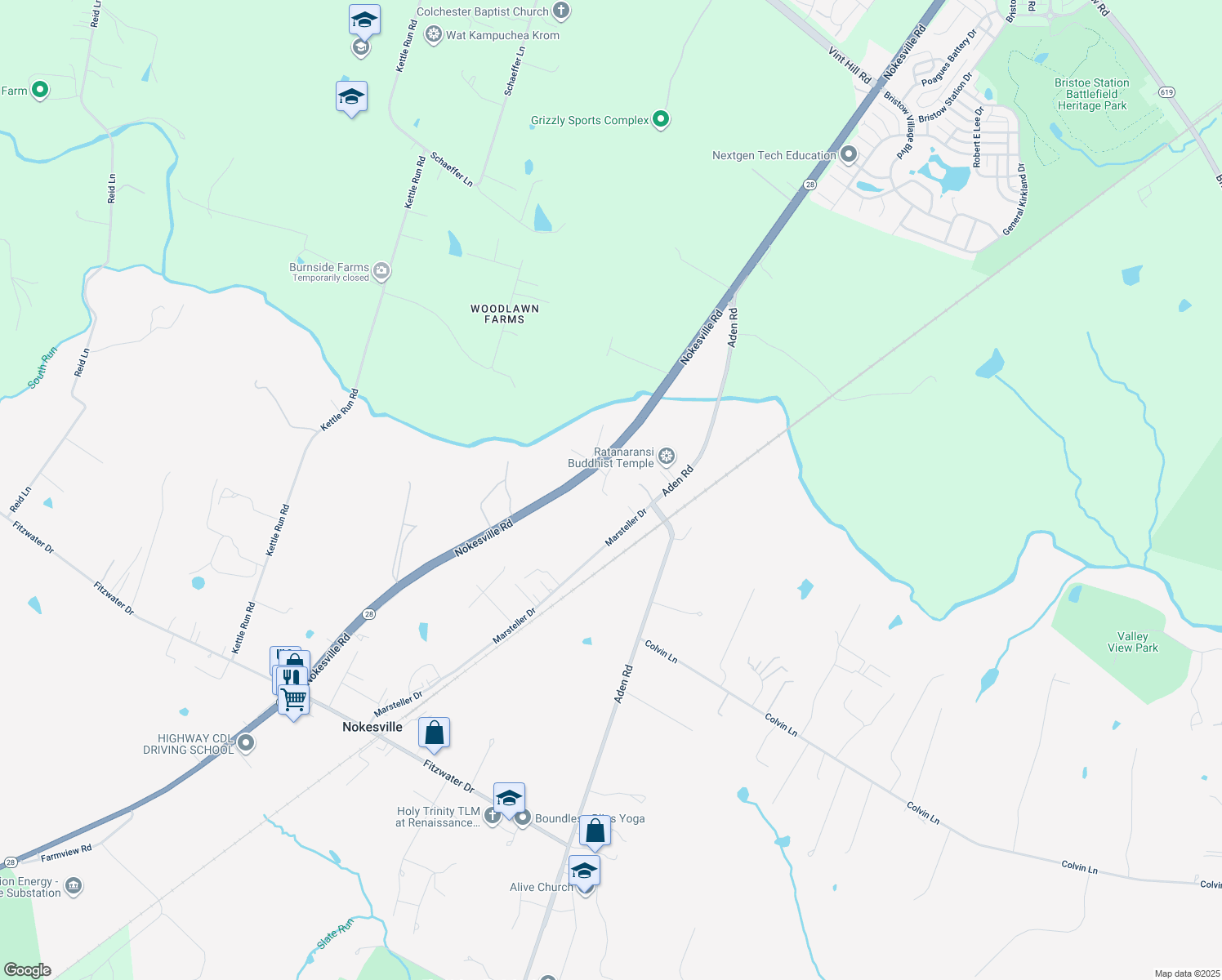 map of restaurants, bars, coffee shops, grocery stores, and more near 12419 Nokesville Road in Nokesville