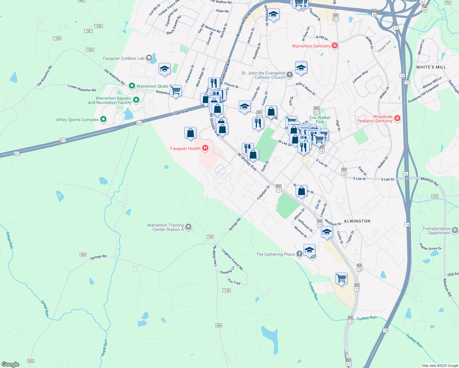 map of restaurants, bars, coffee shops, grocery stores, and more near 128 English Chase Lane in Warrenton