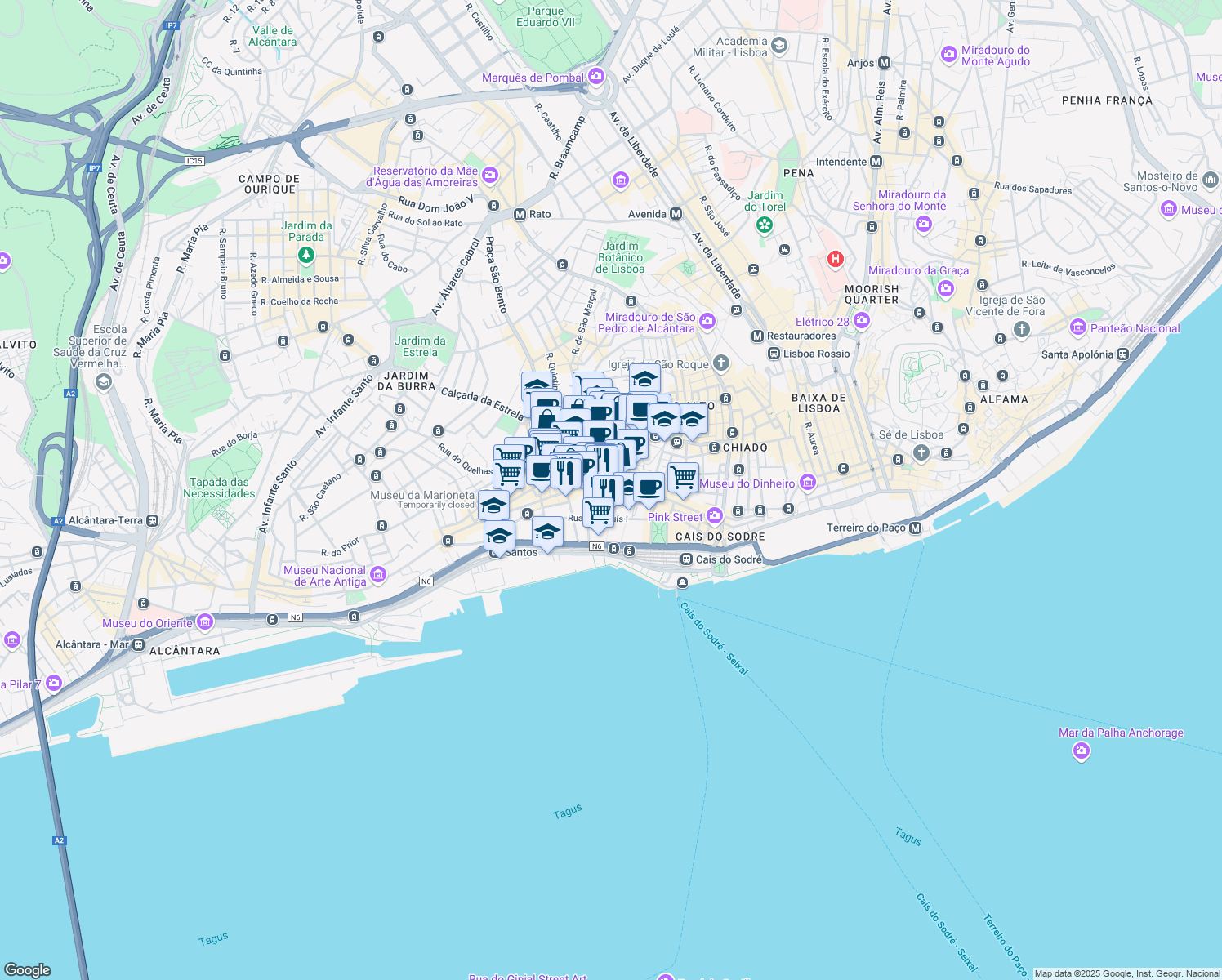 map of restaurants, bars, coffee shops, grocery stores, and more near 51 Rua da Boavista in Lisboa