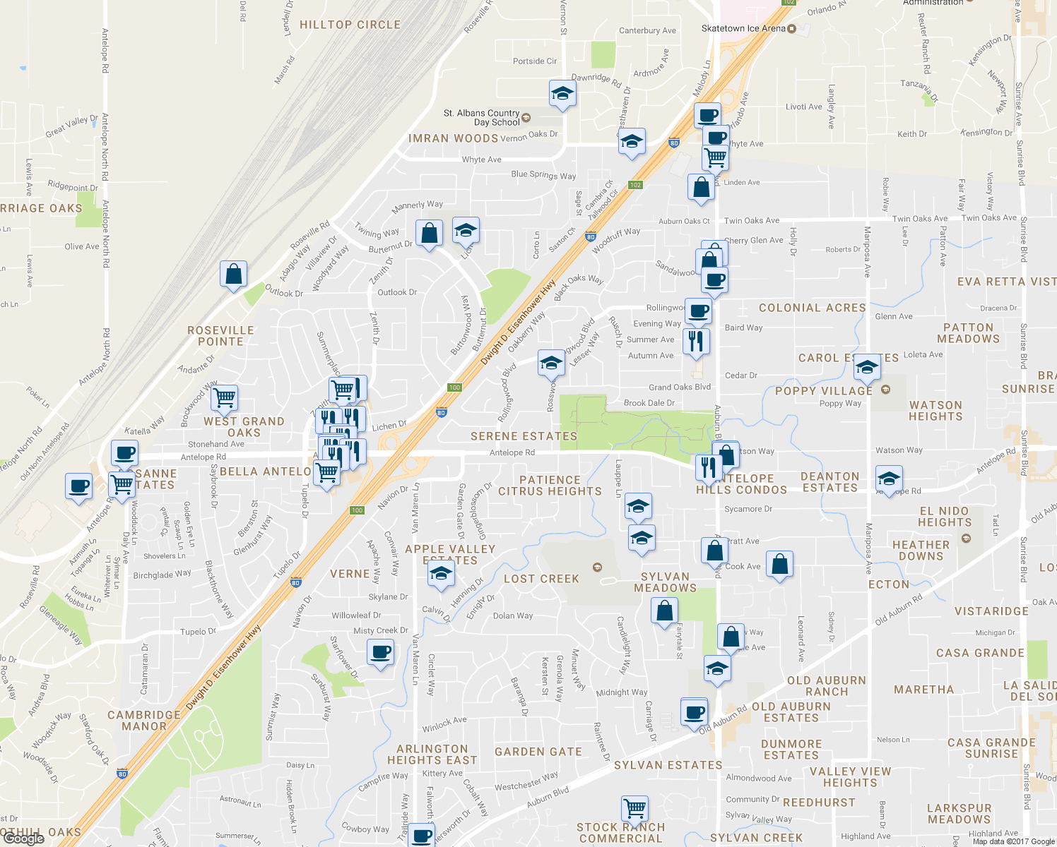 map of restaurants, bars, coffee shops, grocery stores, and more near 7837 Tabare Court in Citrus Heights