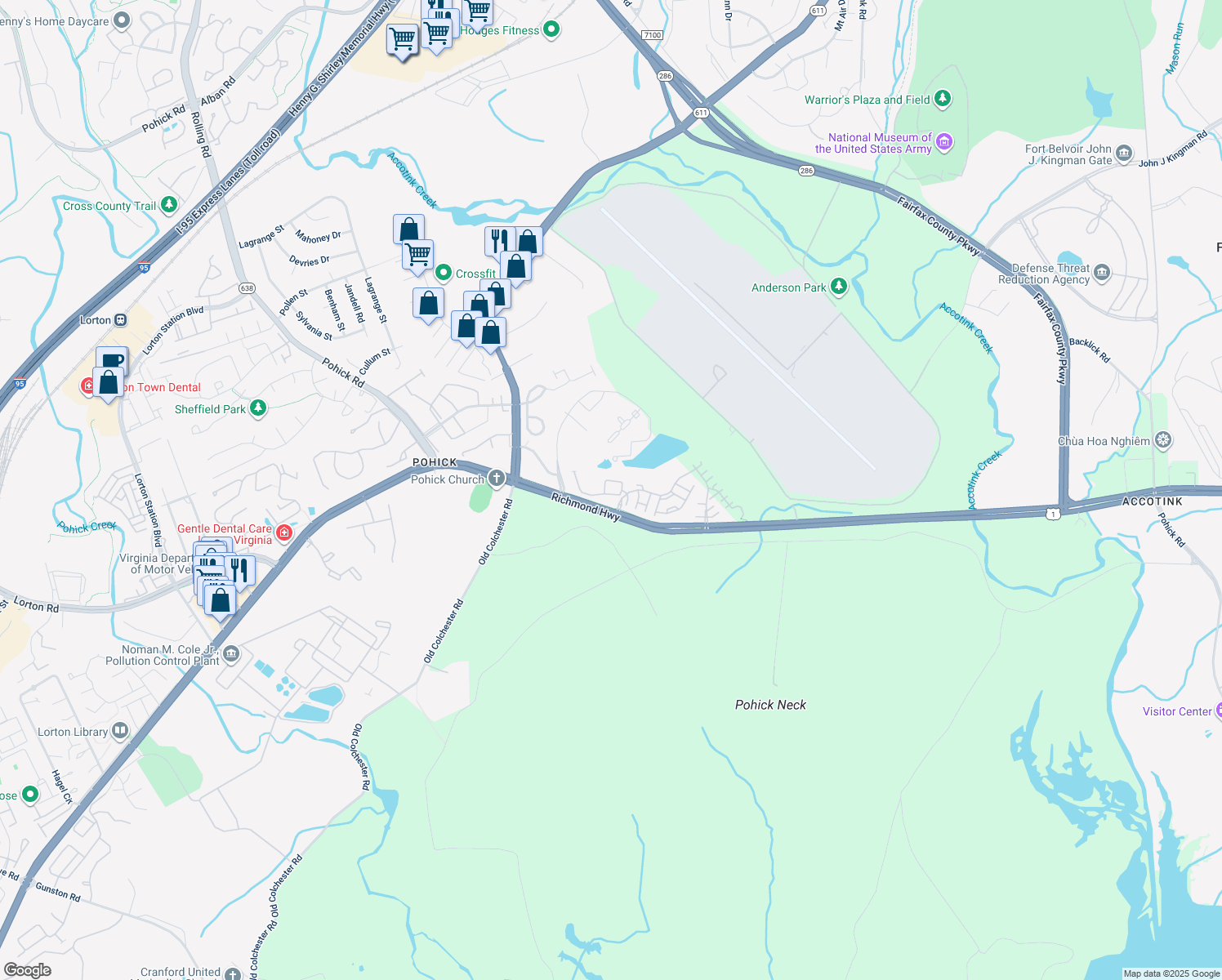 map of restaurants, bars, coffee shops, grocery stores, and more near 9237 Point Replete Drive in Fort Belvoir