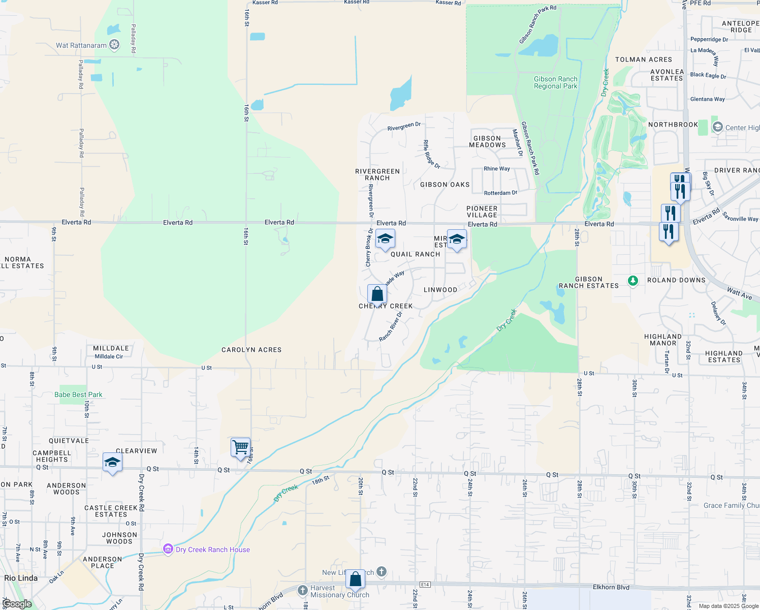 map of restaurants, bars, coffee shops, grocery stores, and more near 2040 Colonnade Way in Elverta
