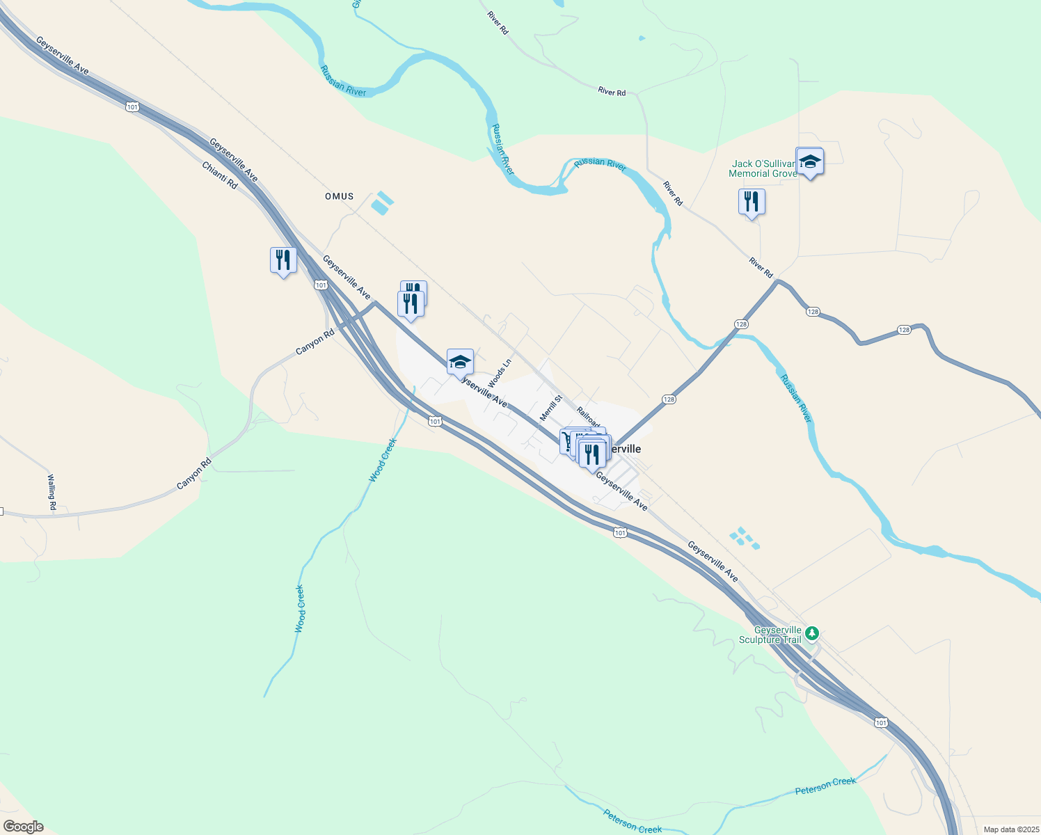 map of restaurants, bars, coffee shops, grocery stores, and more near 109 Renz Lane in Geyserville