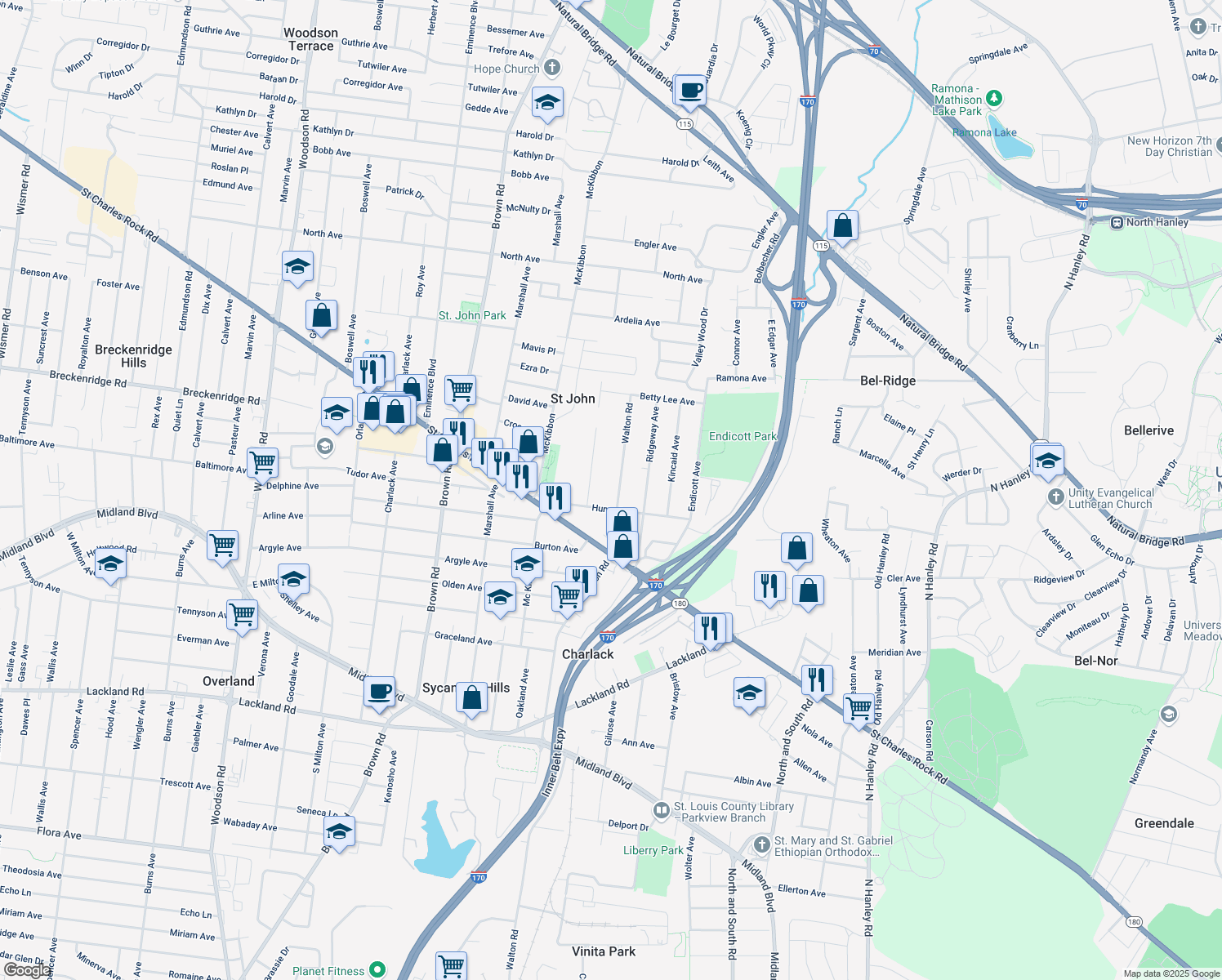 map of restaurants, bars, coffee shops, grocery stores, and more near 2917 Walton Rd in St Louis