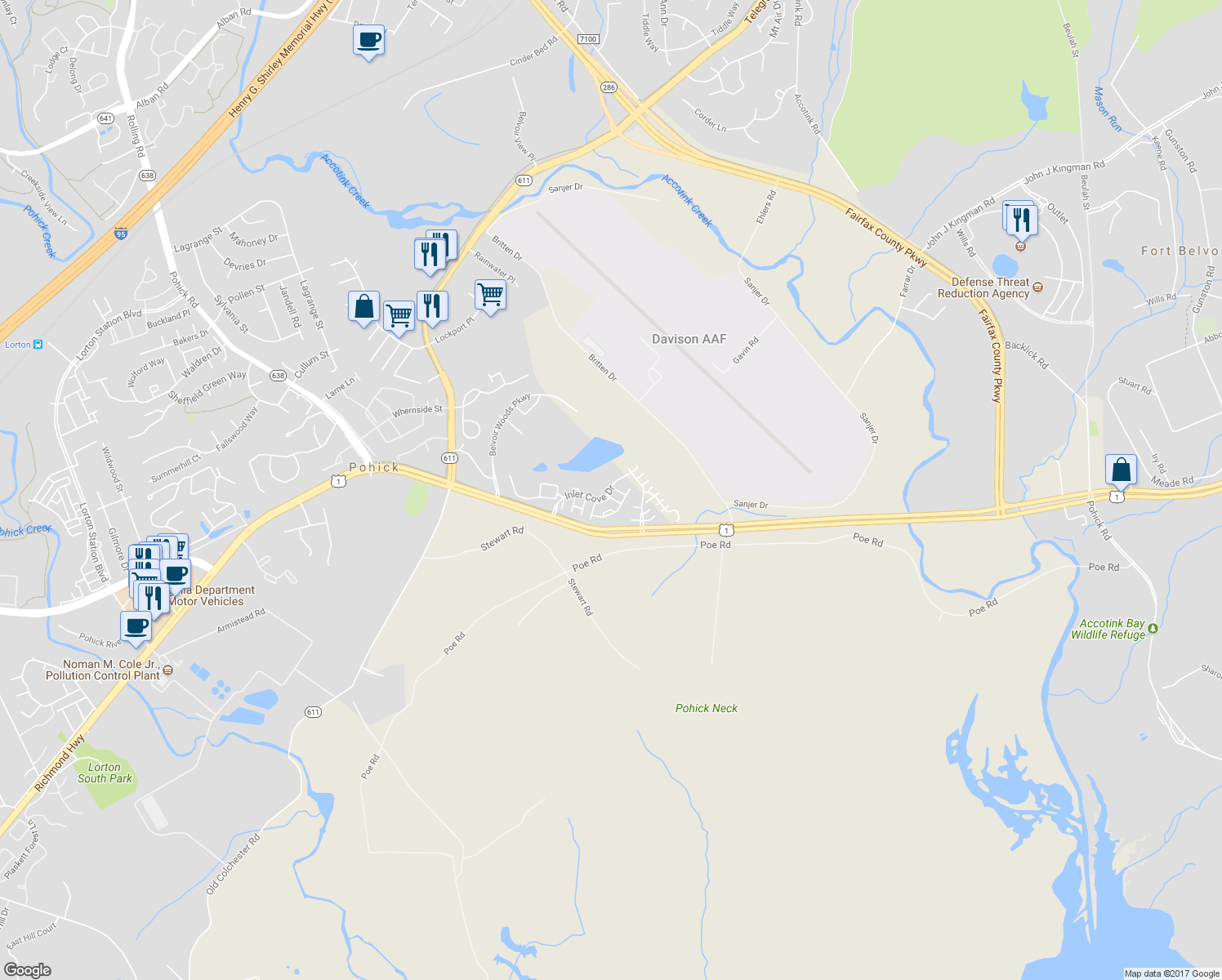 map of restaurants, bars, coffee shops, grocery stores, and more near 9100 Park Cove Drive in Fort Belvoir