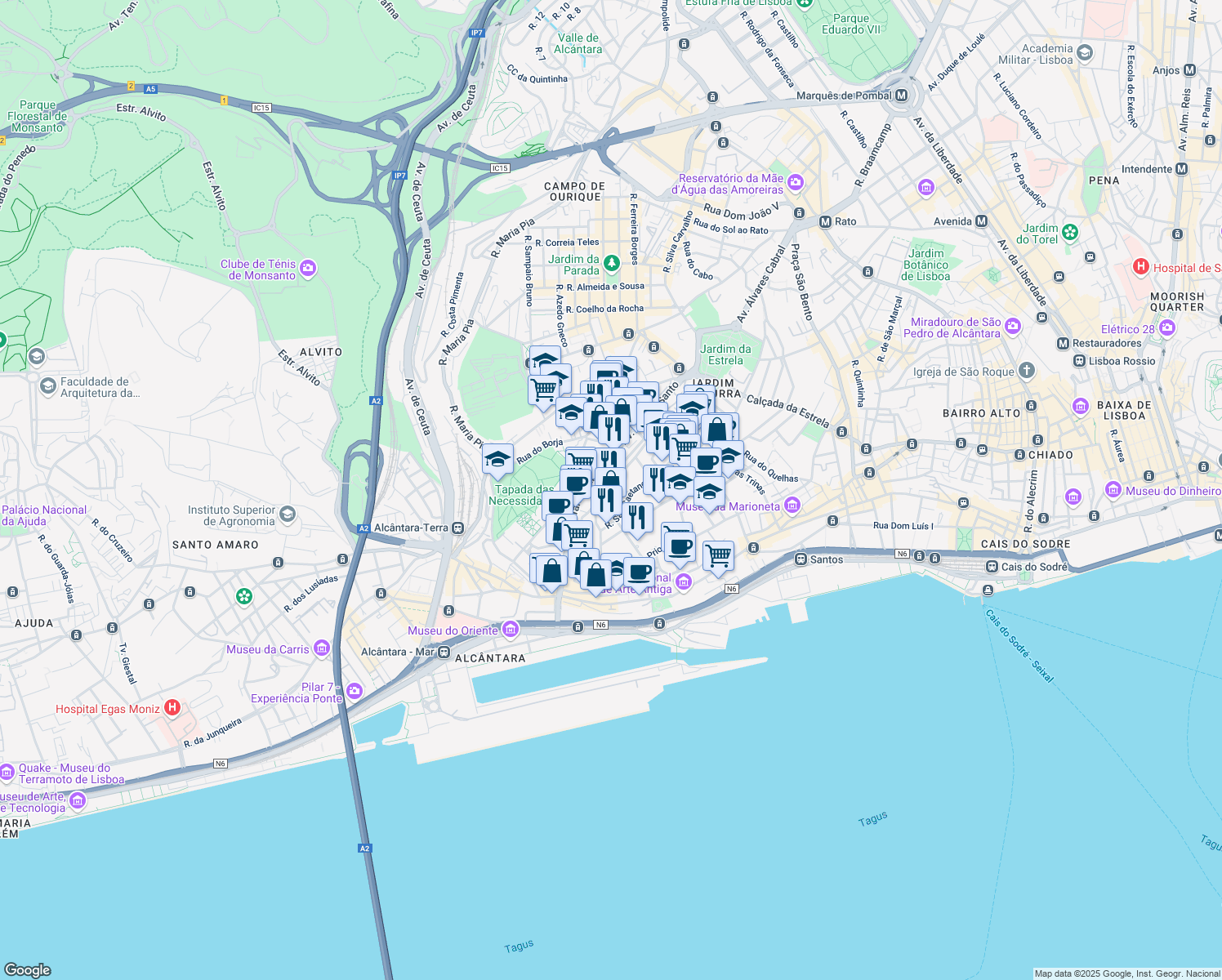 map of restaurants, bars, coffee shops, grocery stores, and more near 4 Rua Ricardo Espírito Santo in Lisbon