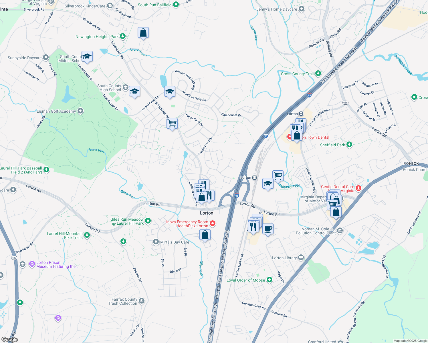 map of restaurants, bars, coffee shops, grocery stores, and more near 9096 Furey Road in Lorton