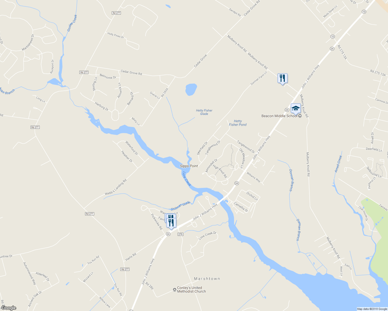 map of restaurants, bars, coffee shops, grocery stores, and more near 5 Deerfield Drive in Lewes