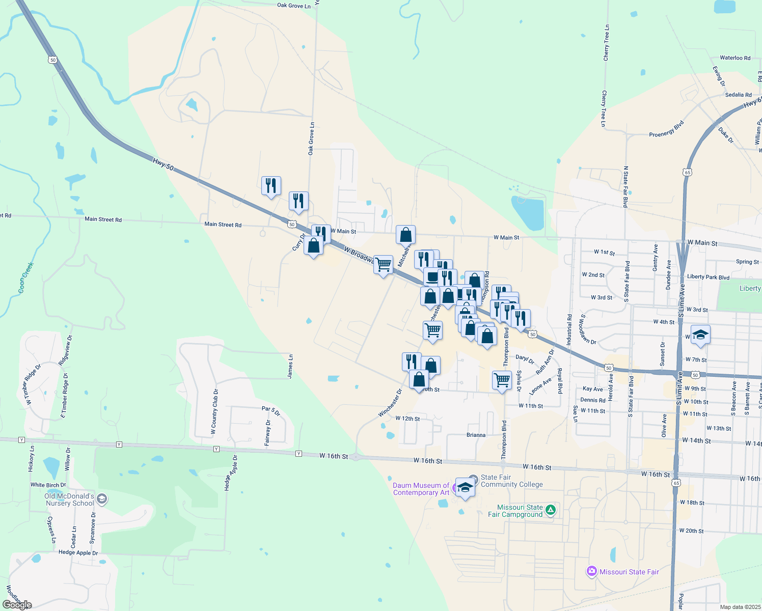 map of restaurants, bars, coffee shops, grocery stores, and more near 975 Mitchell Road in Sedalia