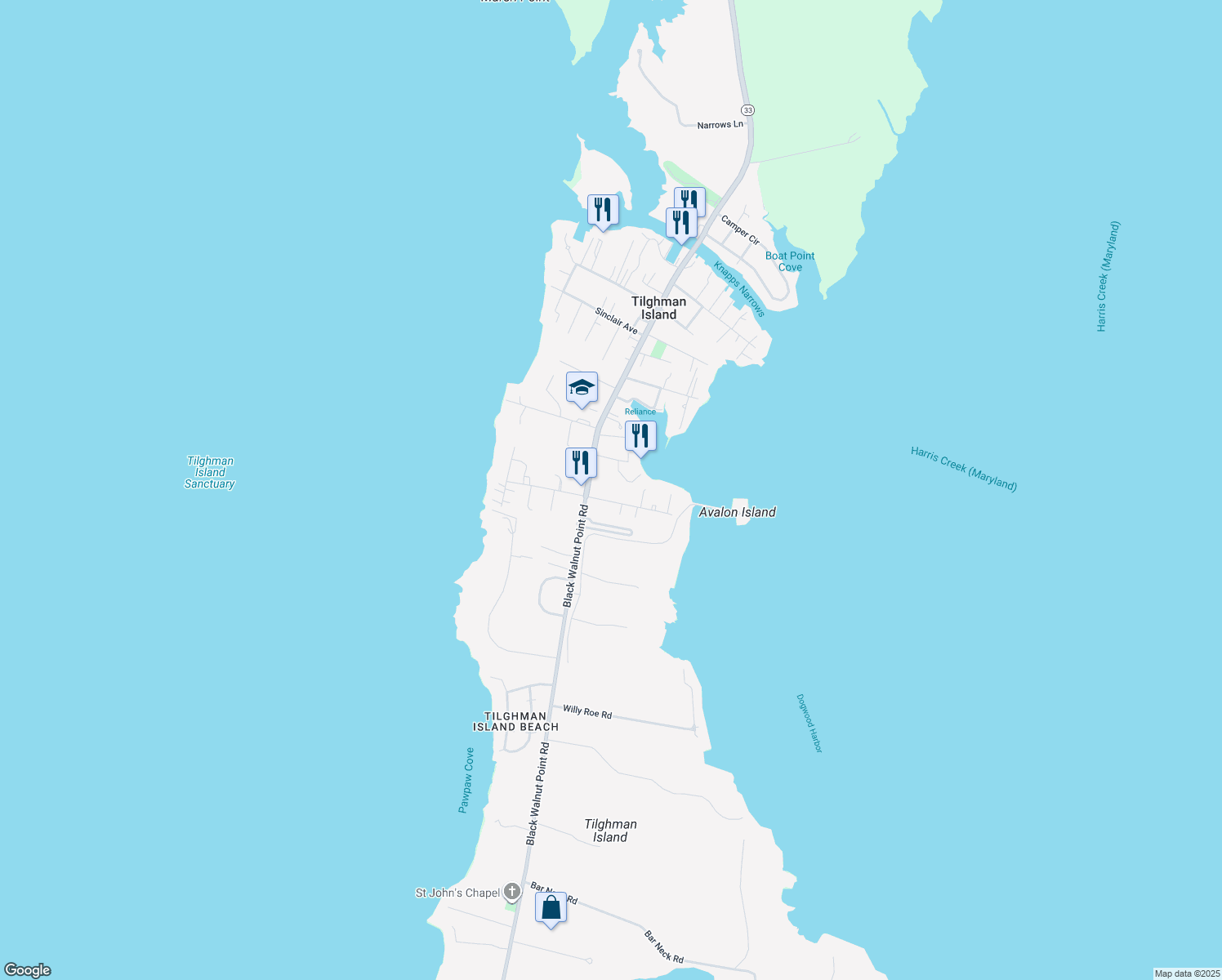 map of restaurants, bars, coffee shops, grocery stores, and more near 21424 Wharf Road in Tilghman Island