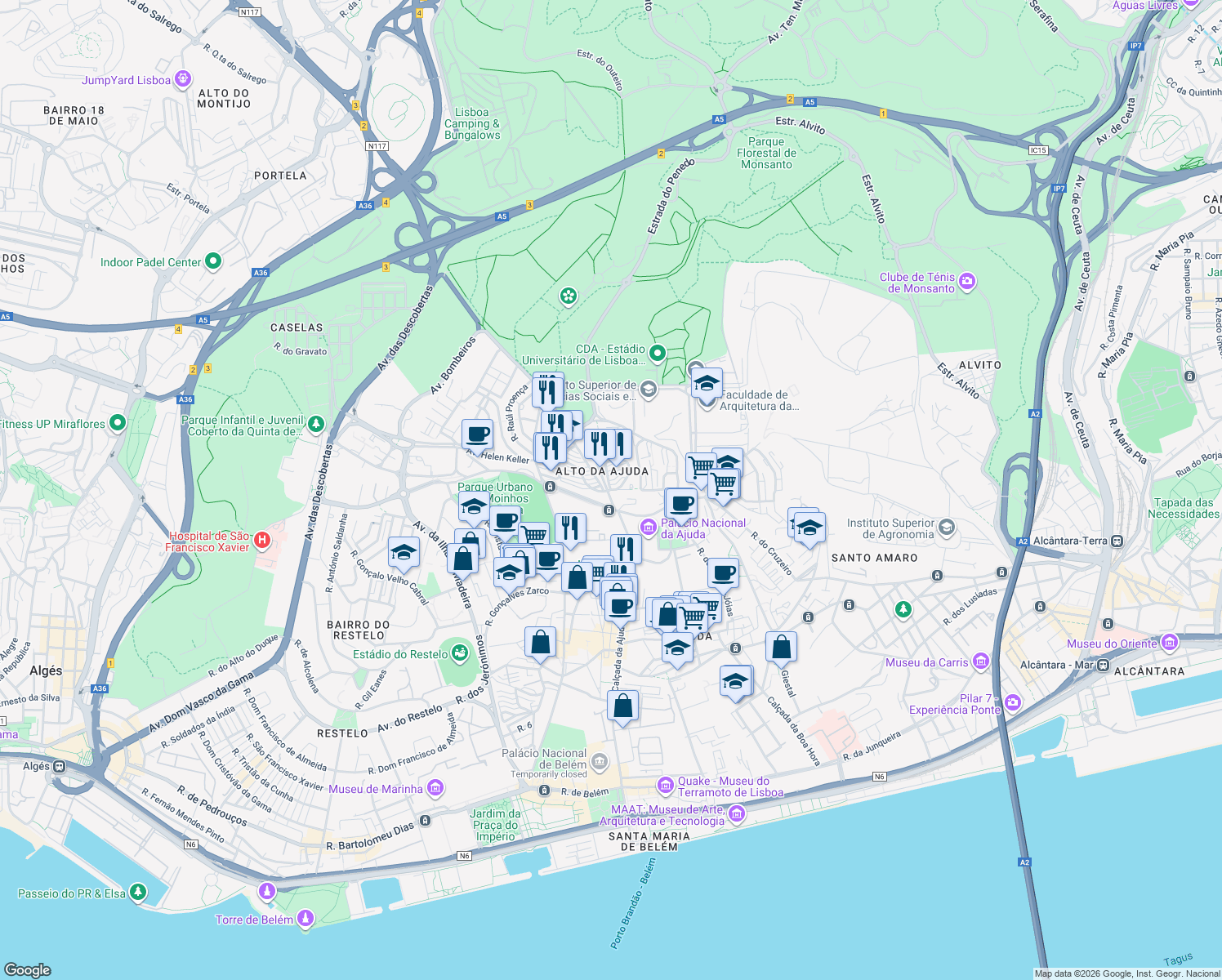 map of restaurants, bars, coffee shops, grocery stores, and more near Rua 2 in Lisboa