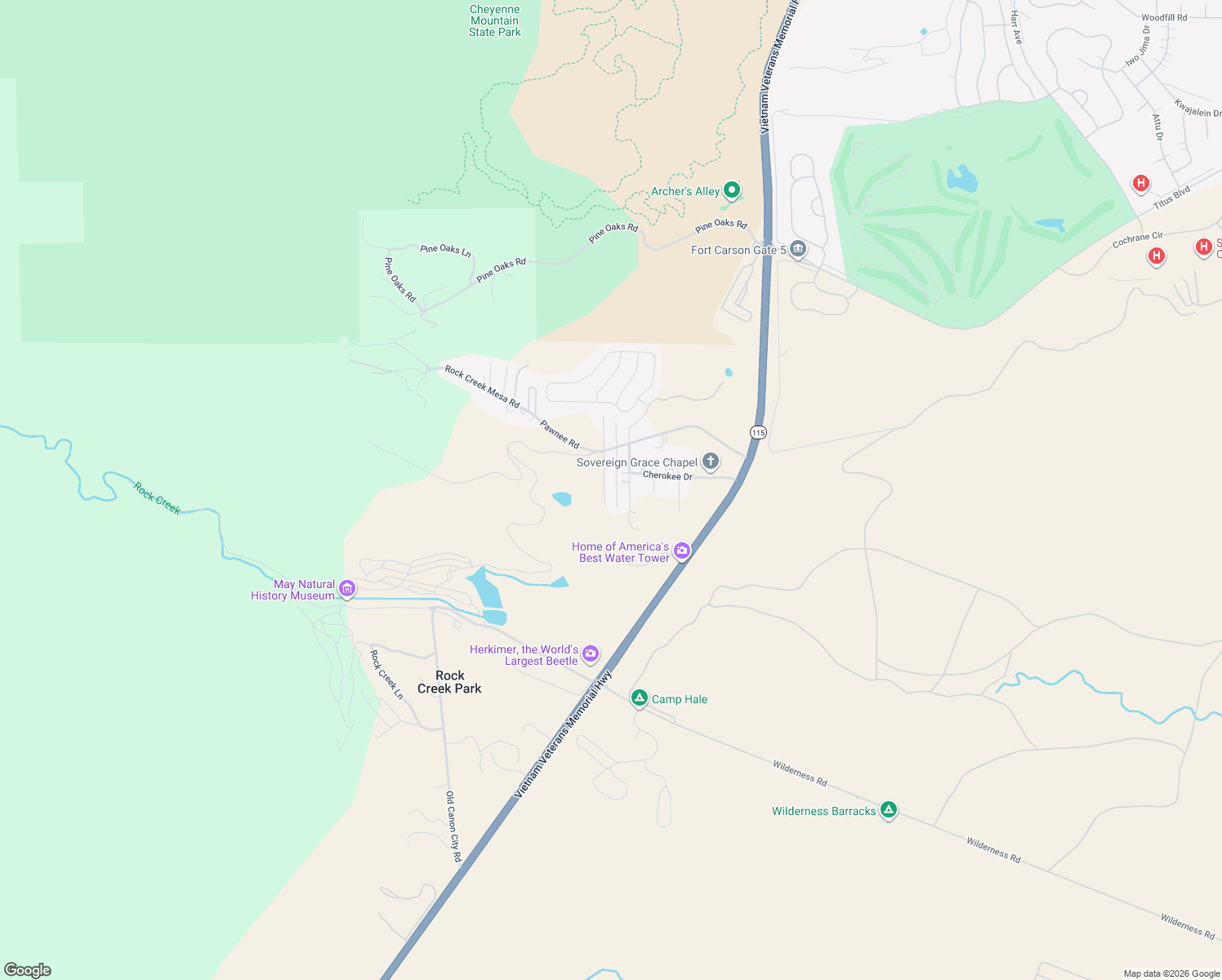 map of restaurants, bars, coffee shops, grocery stores, and more near 8345 Commanche Road in Colorado Springs