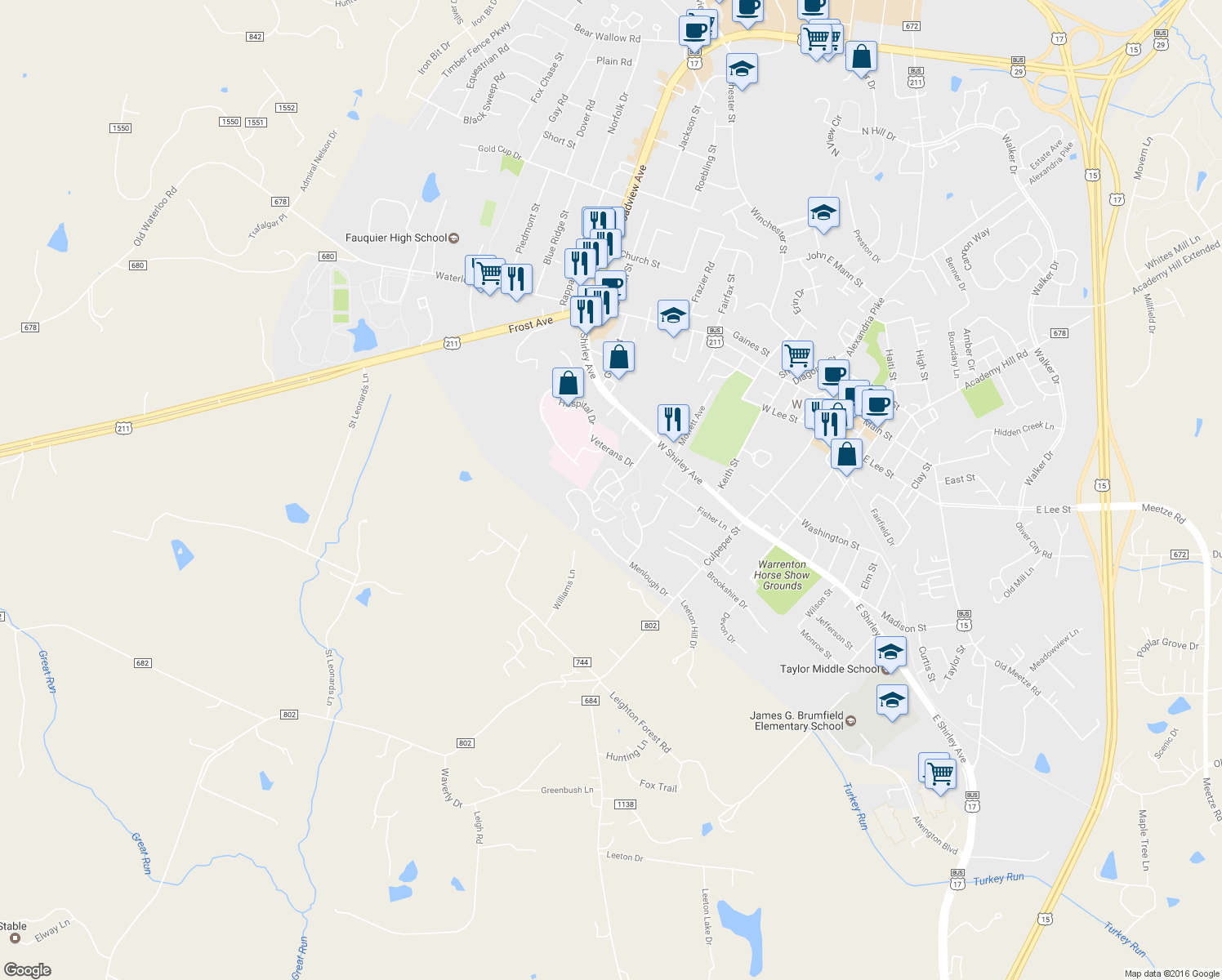 map of restaurants, bars, coffee shops, grocery stores, and more near 27 Quarterpole Court in Warrenton