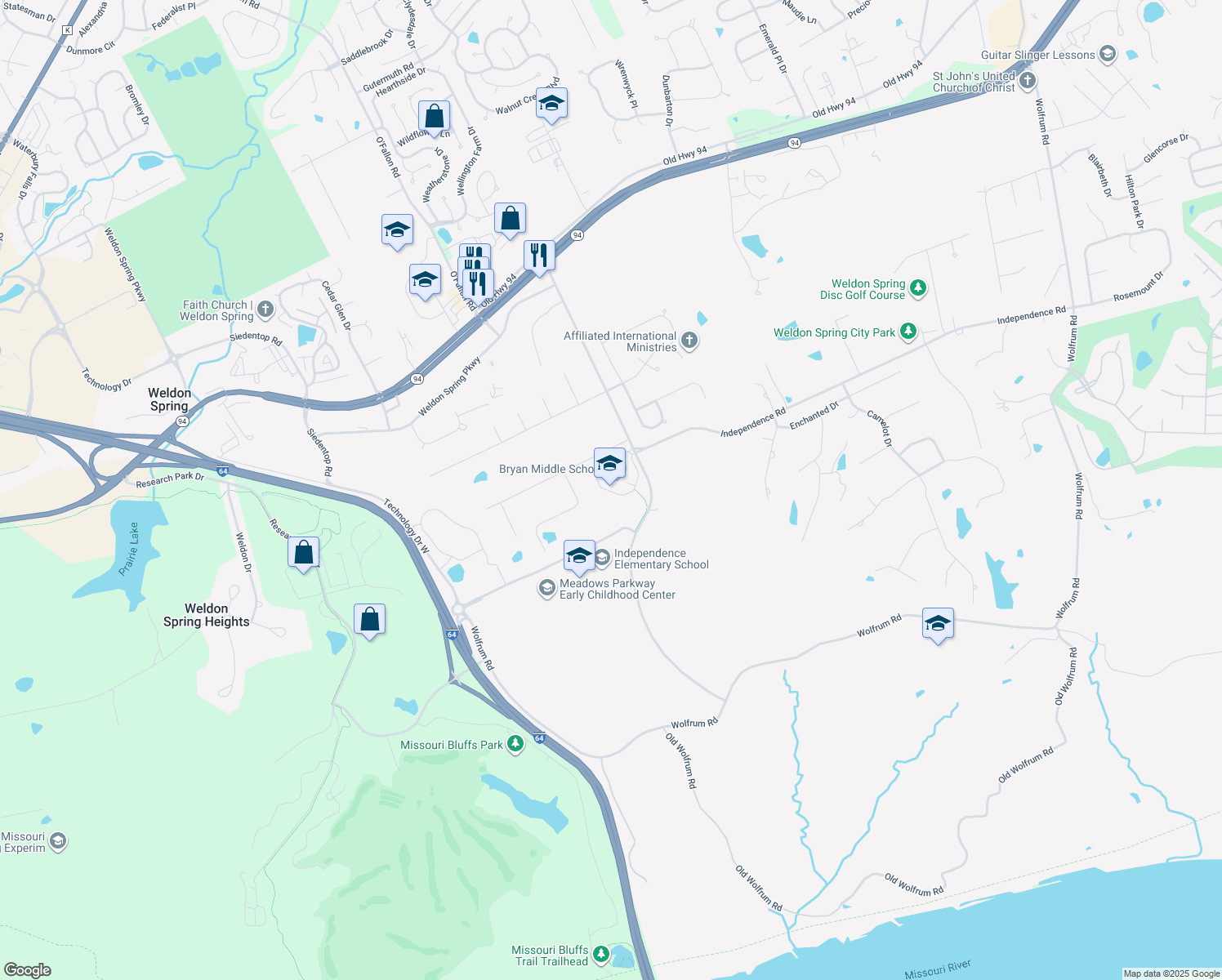map of restaurants, bars, coffee shops, grocery stores, and more near 605 Independence Road in Weldon Spring