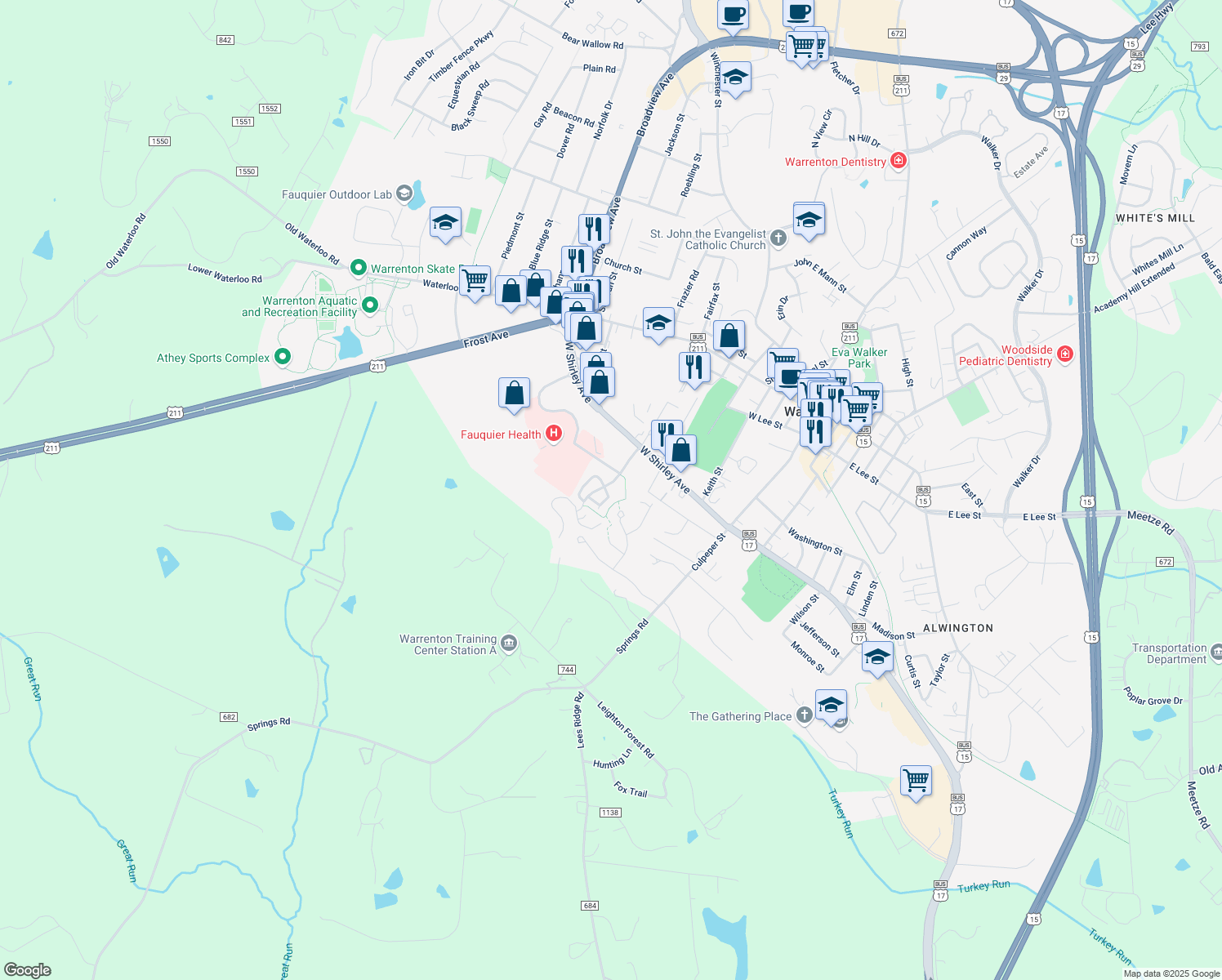 map of restaurants, bars, coffee shops, grocery stores, and more near 12 Quarterpole Ct in Warrenton
