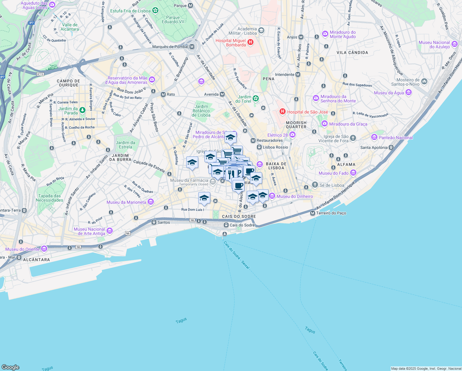 map of restaurants, bars, coffee shops, grocery stores, and more near 32 Rua Horta Seca in Lisboa