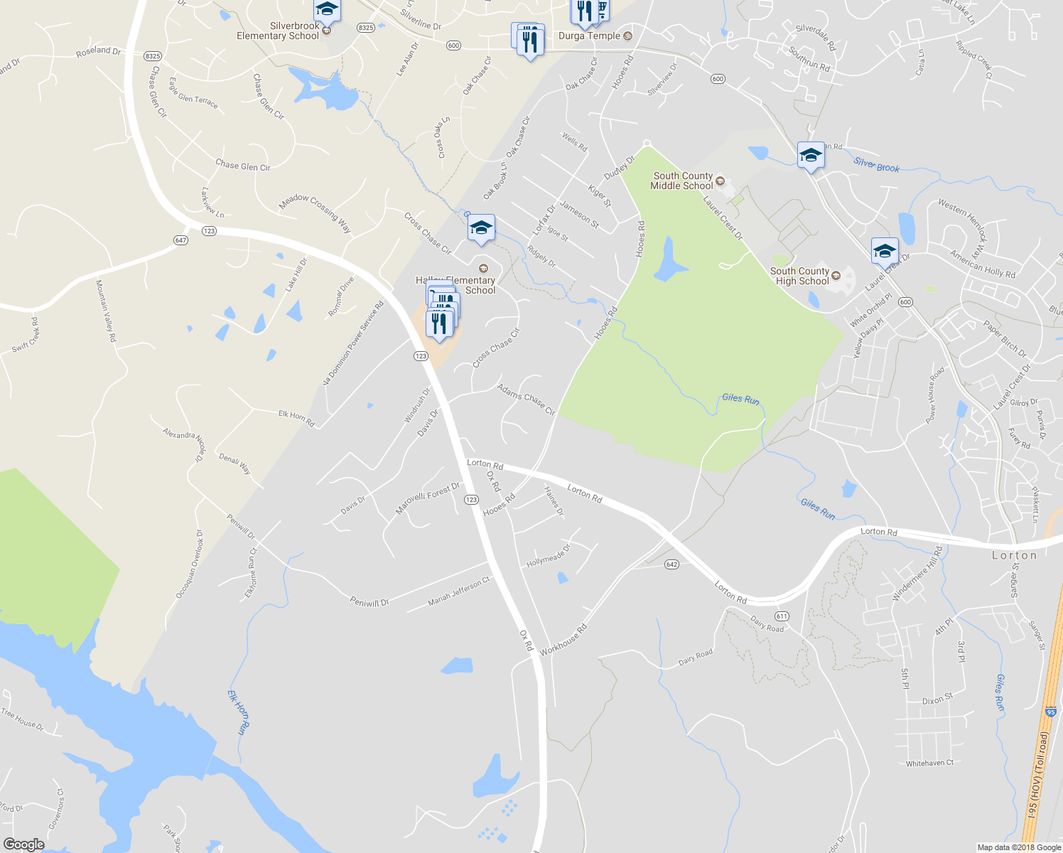 map of restaurants, bars, coffee shops, grocery stores, and more near 9102 Osprey Ridge Lane in Lorton