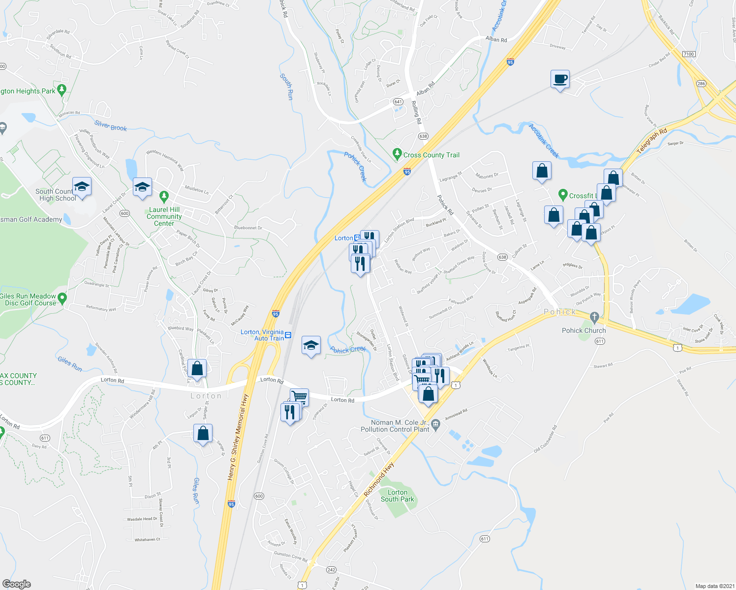 map of restaurants, bars, coffee shops, grocery stores, and more near 9042 Lorton Station Boulevard in Lorton