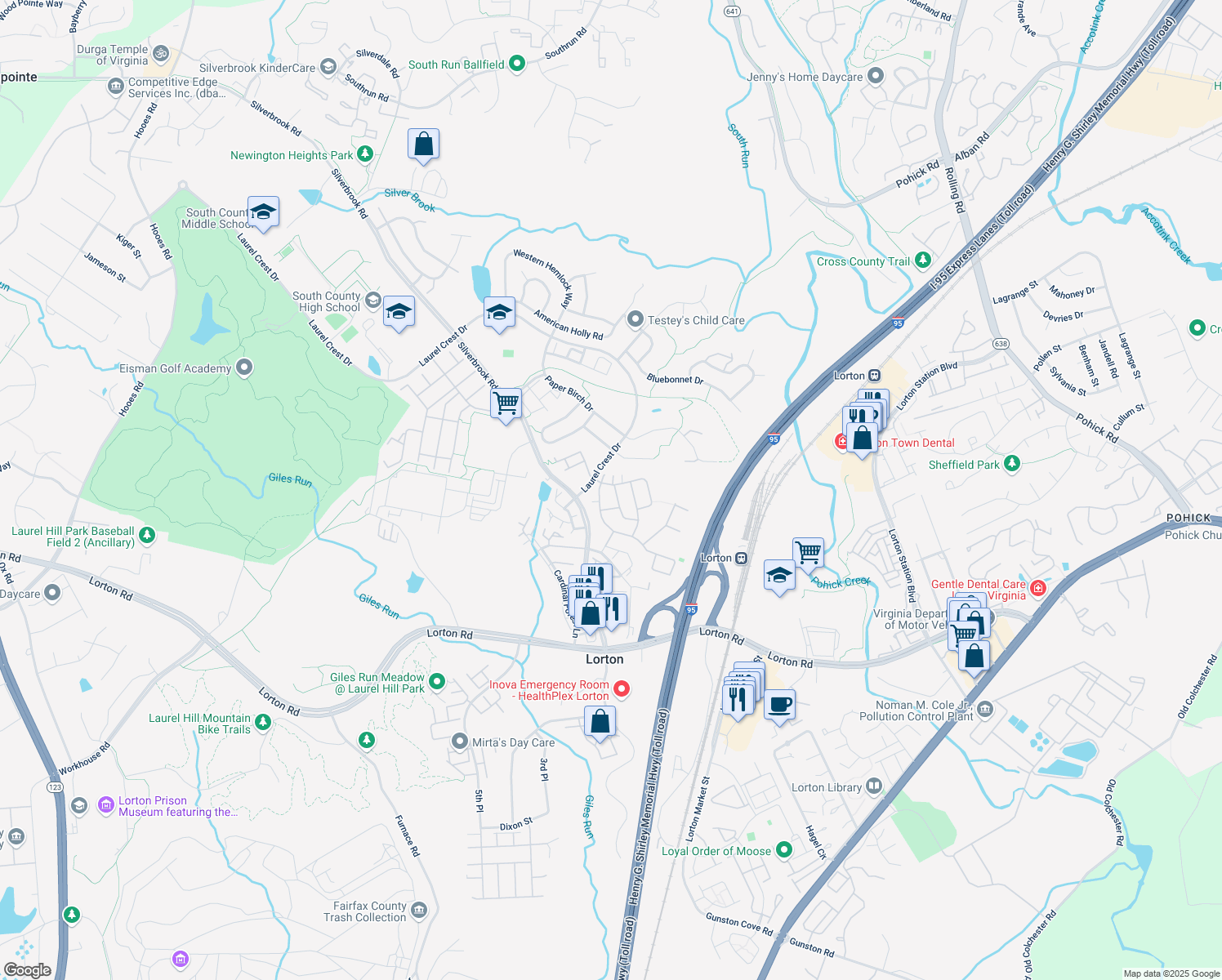 map of restaurants, bars, coffee shops, grocery stores, and more near 8159 Gilroy Drive in Lorton