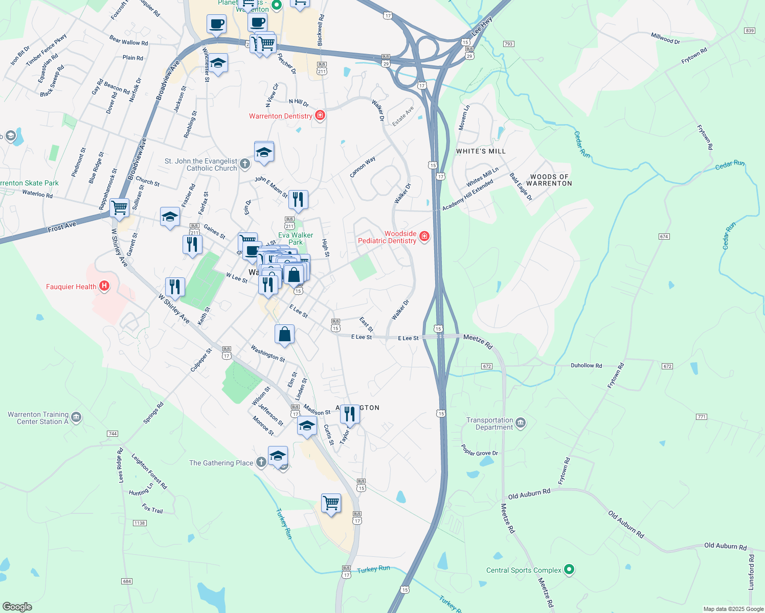 map of restaurants, bars, coffee shops, grocery stores, and more near 197 Autumn Wind Ct in Warrenton