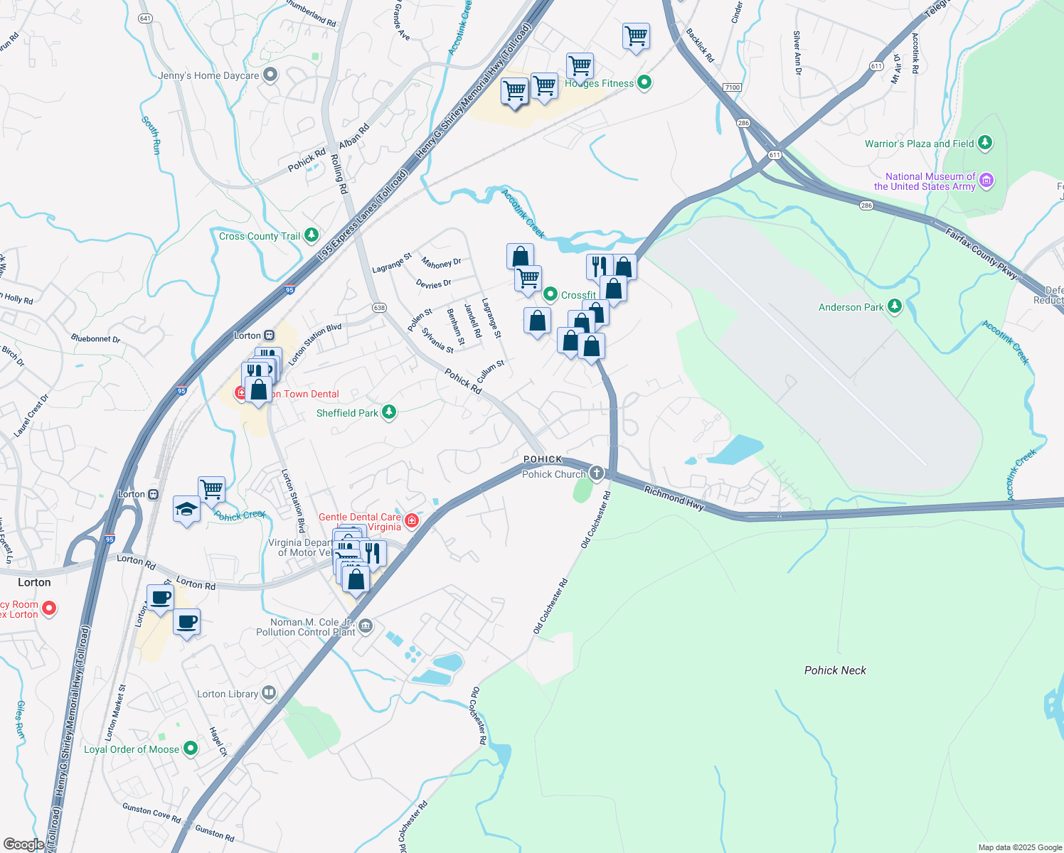 map of restaurants, bars, coffee shops, grocery stores, and more near 7422 Pohick Rd in Lorton