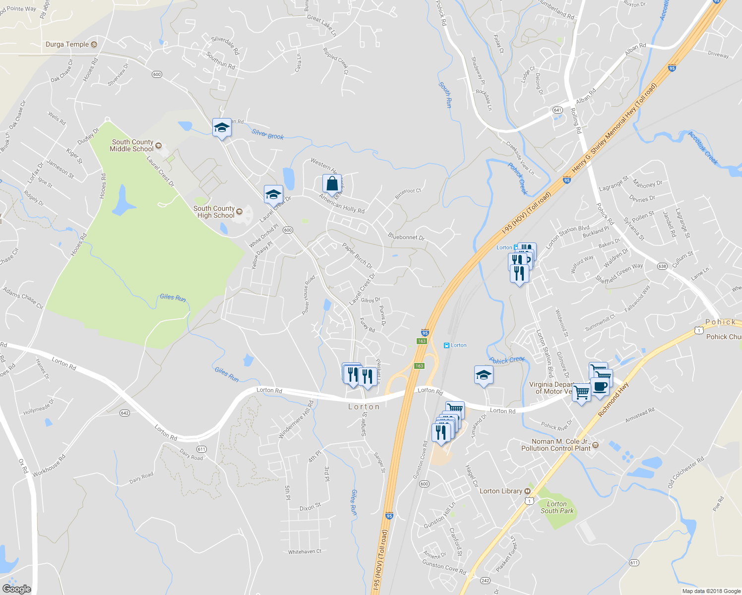 map of restaurants, bars, coffee shops, grocery stores, and more near 8152 Gilroy Drive in Lorton