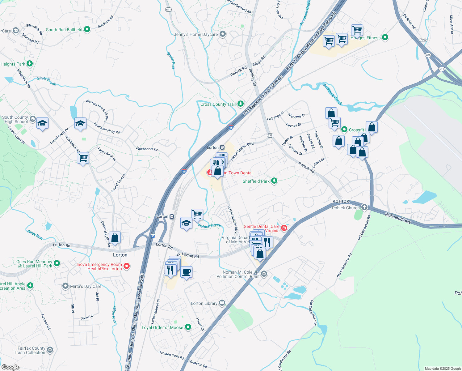 map of restaurants, bars, coffee shops, grocery stores, and more near 9095 Arch Hall Road in Lorton