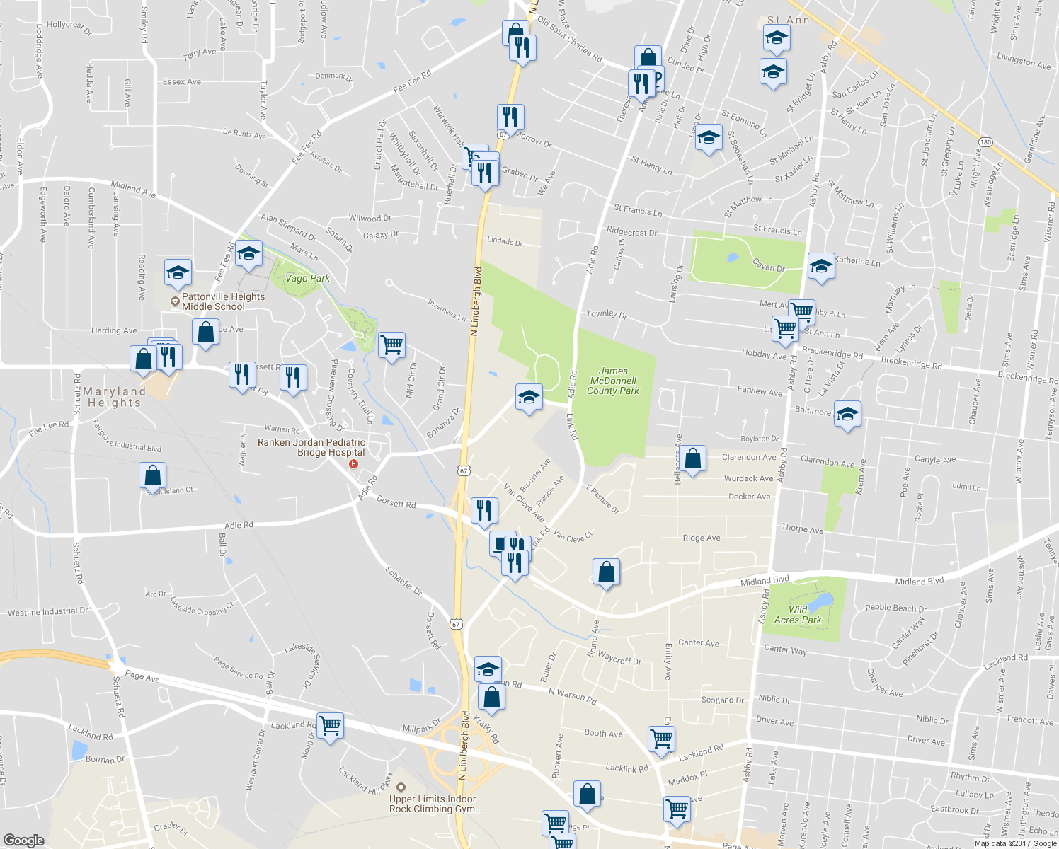 map of restaurants, bars, coffee shops, grocery stores, and more near 2900 Adie Road in Saint Ann