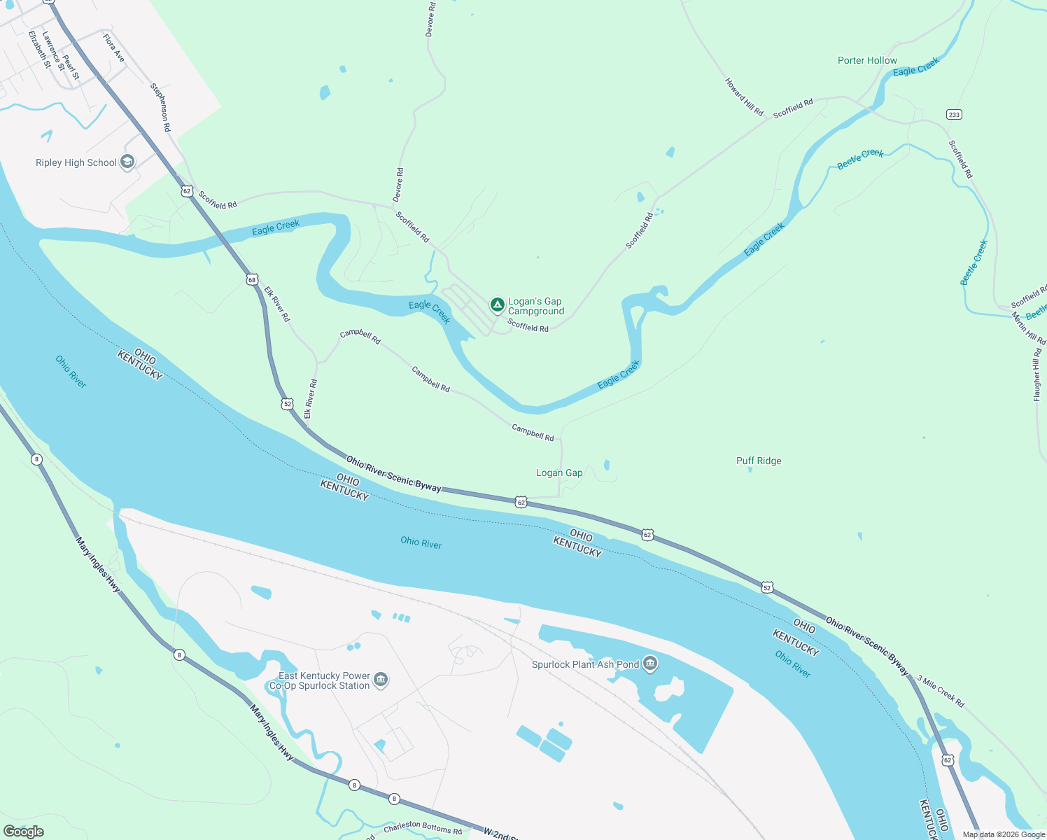 map of restaurants, bars, coffee shops, grocery stores, and more near 7171 Campbell Rd in Ripley