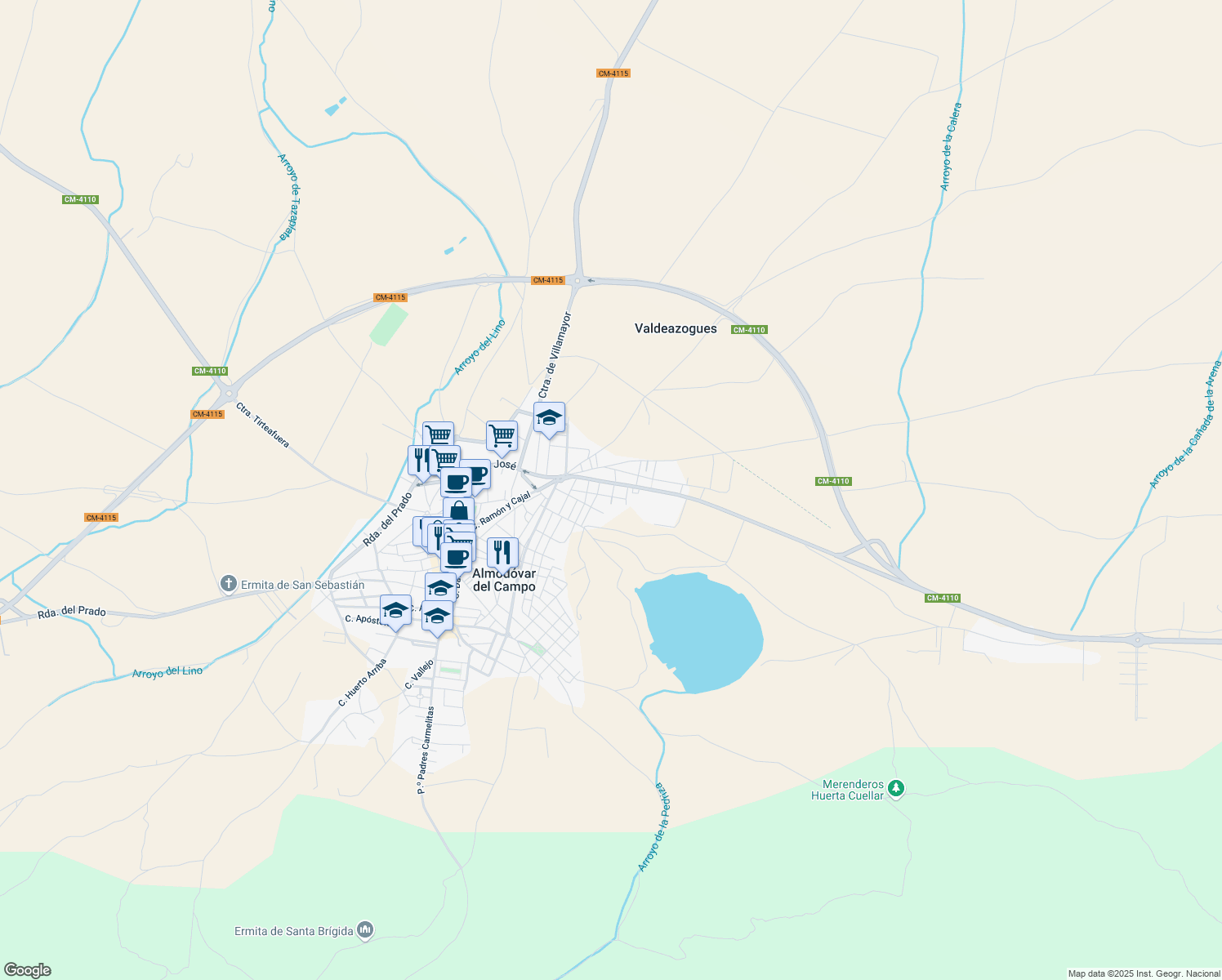 map of restaurants, bars, coffee shops, grocery stores, and more near 6 Calle la Venta in Almodóvar del Campo