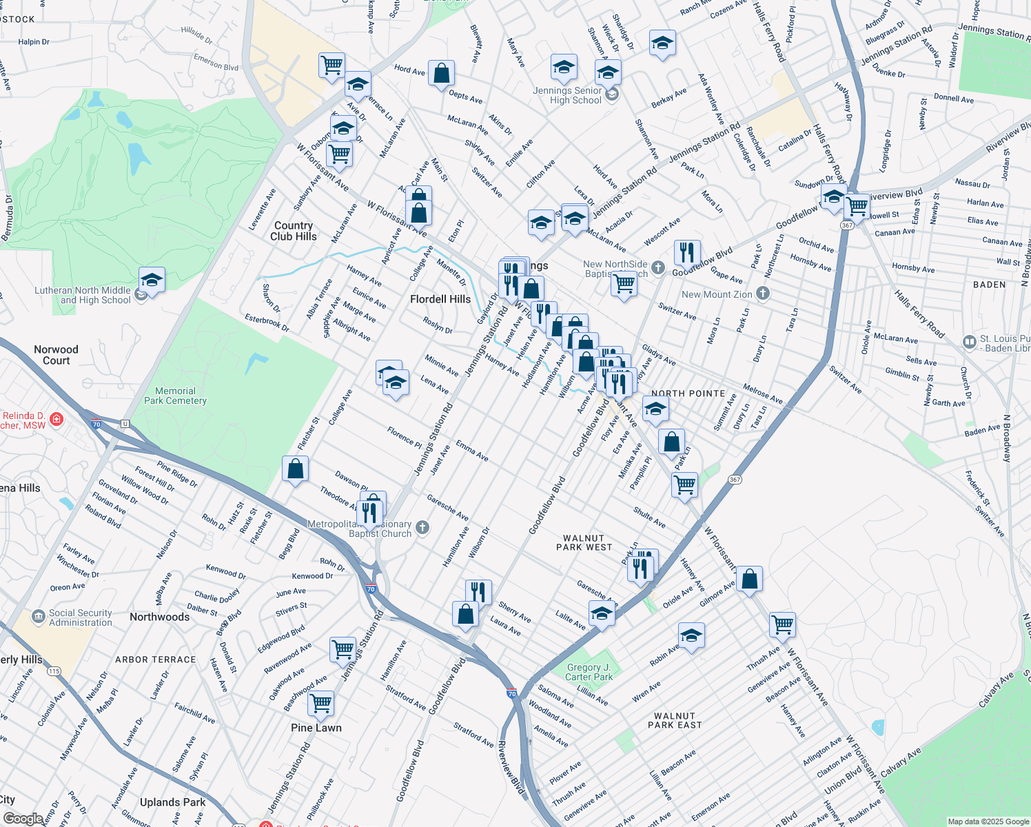 map of restaurants, bars, coffee shops, grocery stores, and more near 5616 Hodiamont Avenue in Jennings