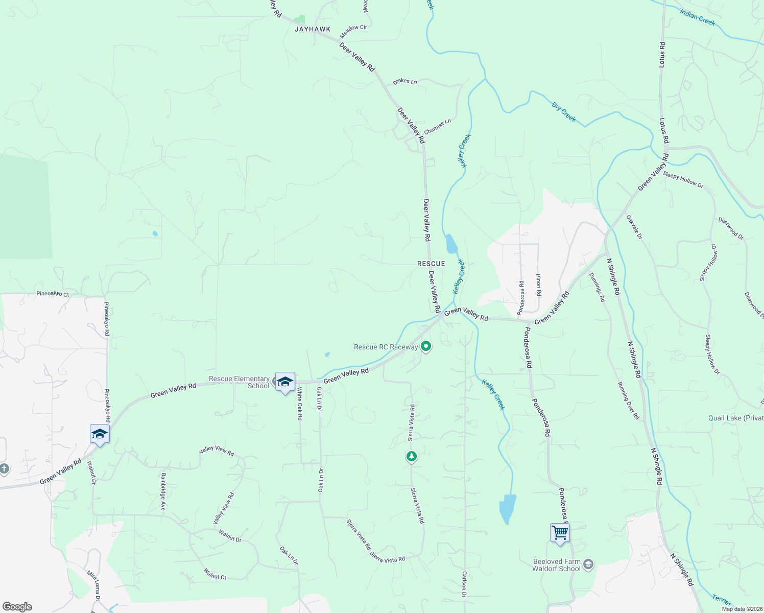 map of restaurants, bars, coffee shops, grocery stores, and more near 5210 Deer Valley Road in Rescue