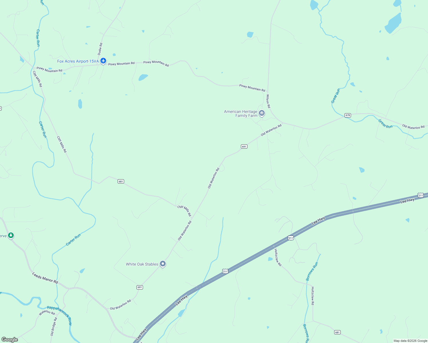 map of restaurants, bars, coffee shops, grocery stores, and more near 9150 County Road 691 in Warrenton