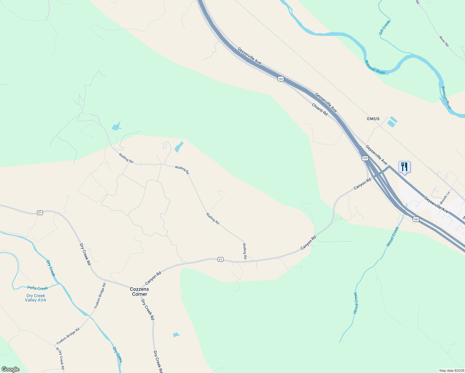map of restaurants, bars, coffee shops, grocery stores, and more near 22700 Walling Road in Geyserville